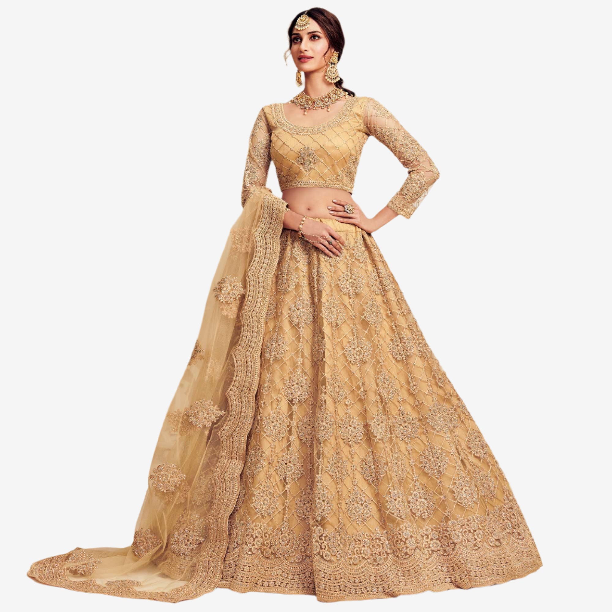 Radiant Golden Coloured Wedding Wear Cording Embroidered Net Lehenga Choli - Peachmode