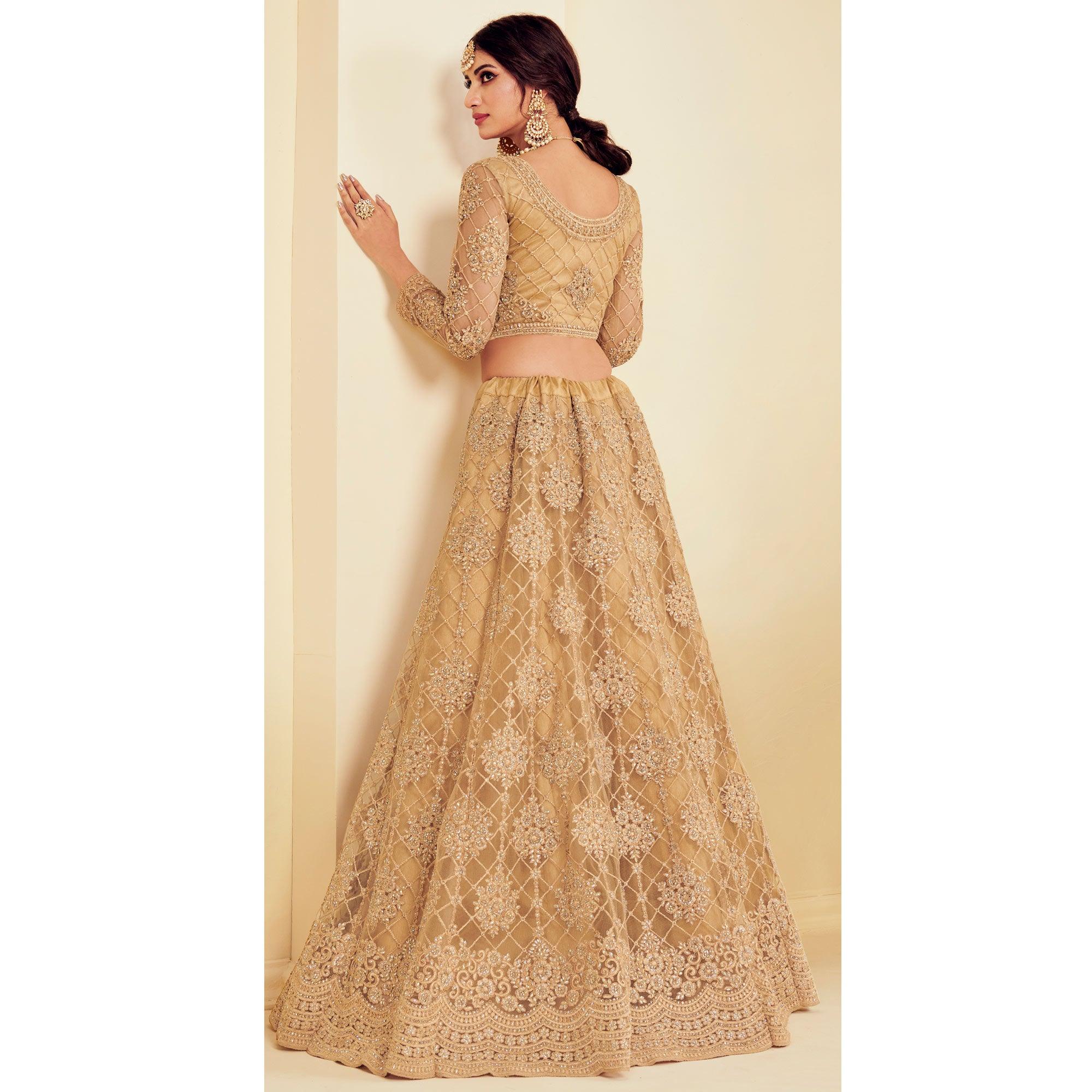 Radiant Golden Coloured Wedding Wear Cording Embroidered Net Lehenga Choli - Peachmode