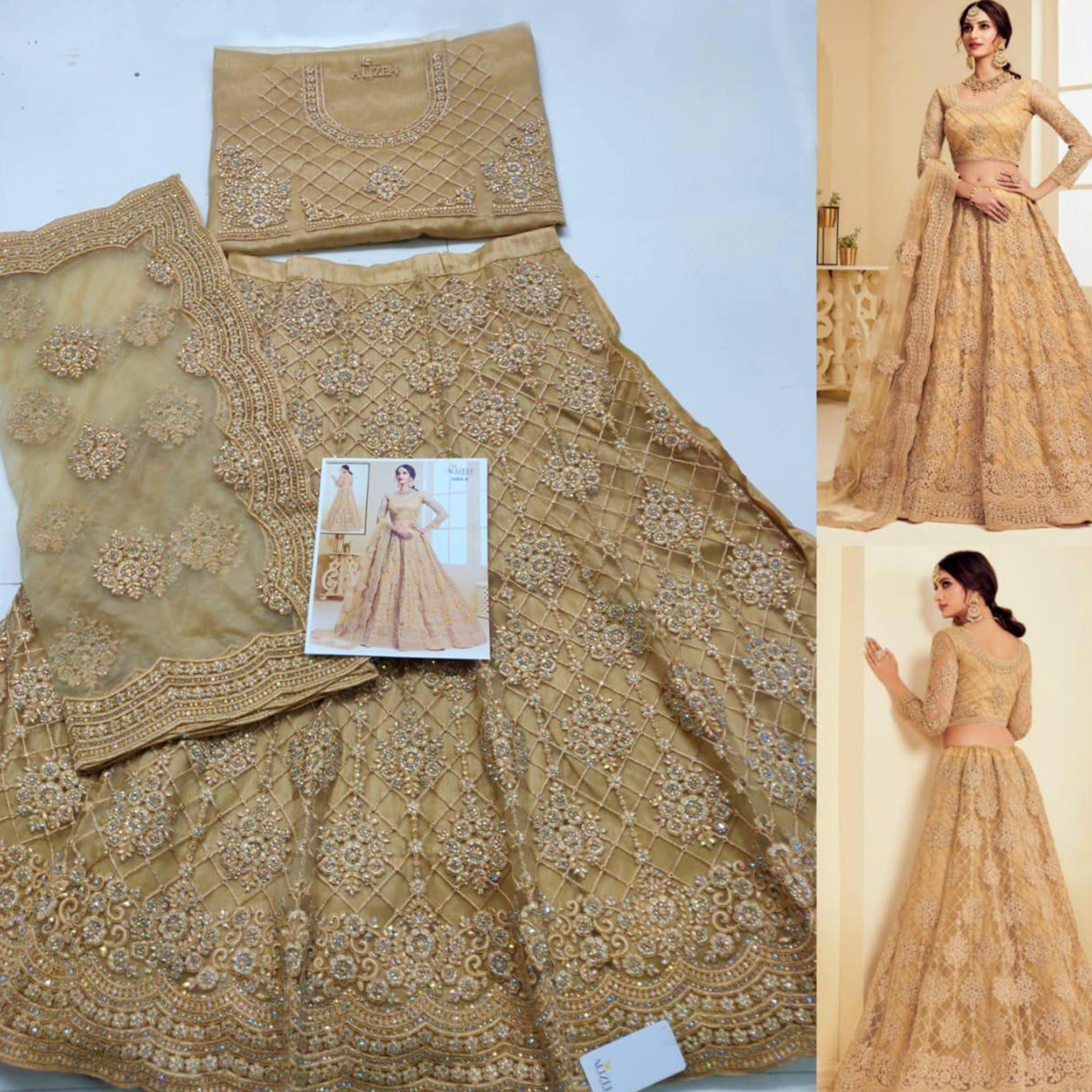 Radiant Golden Coloured Wedding Wear Cording Embroidered Net Lehenga Choli - Peachmode