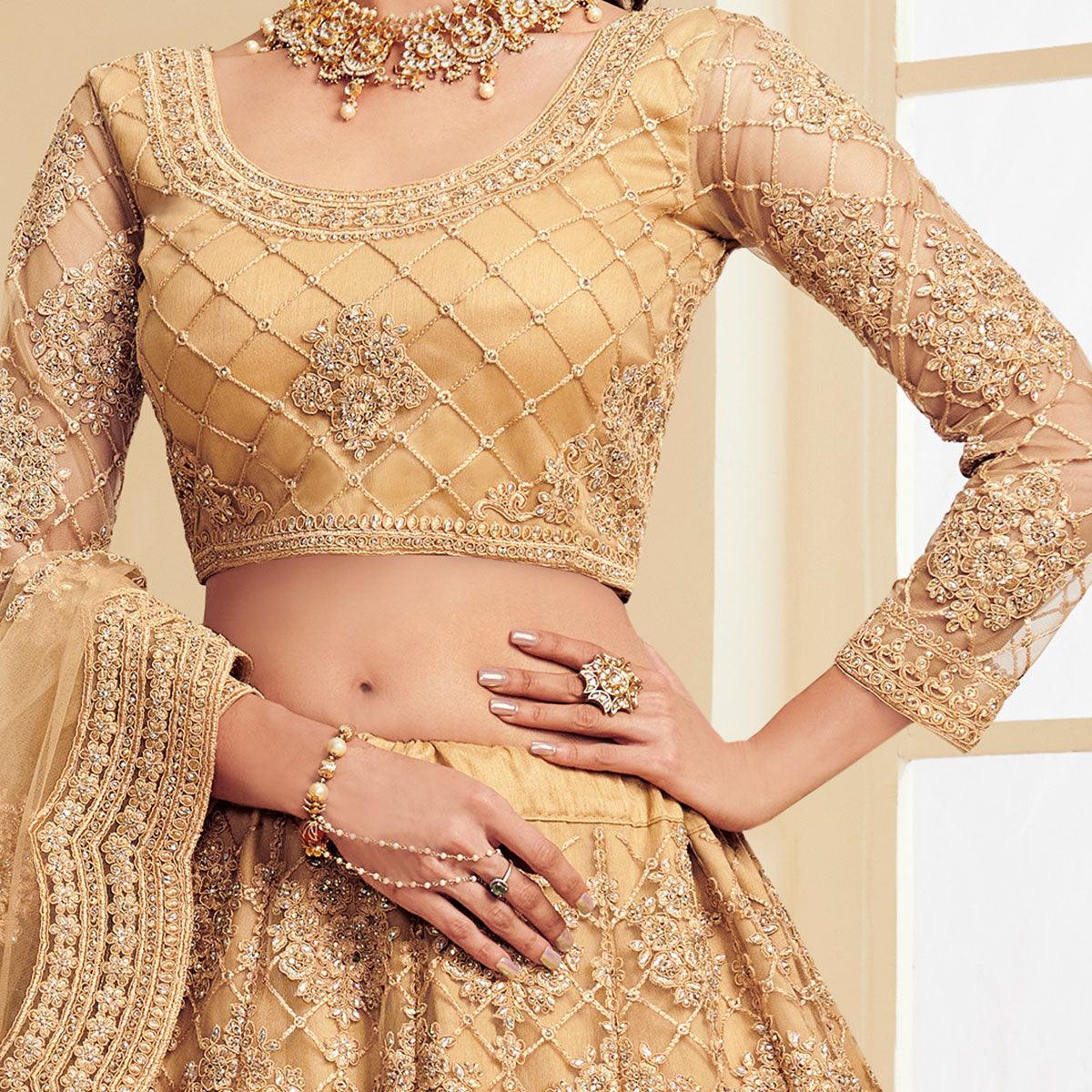 Radiant Golden Coloured Wedding Wear Cording Embroidered Net Lehenga Choli - Peachmode