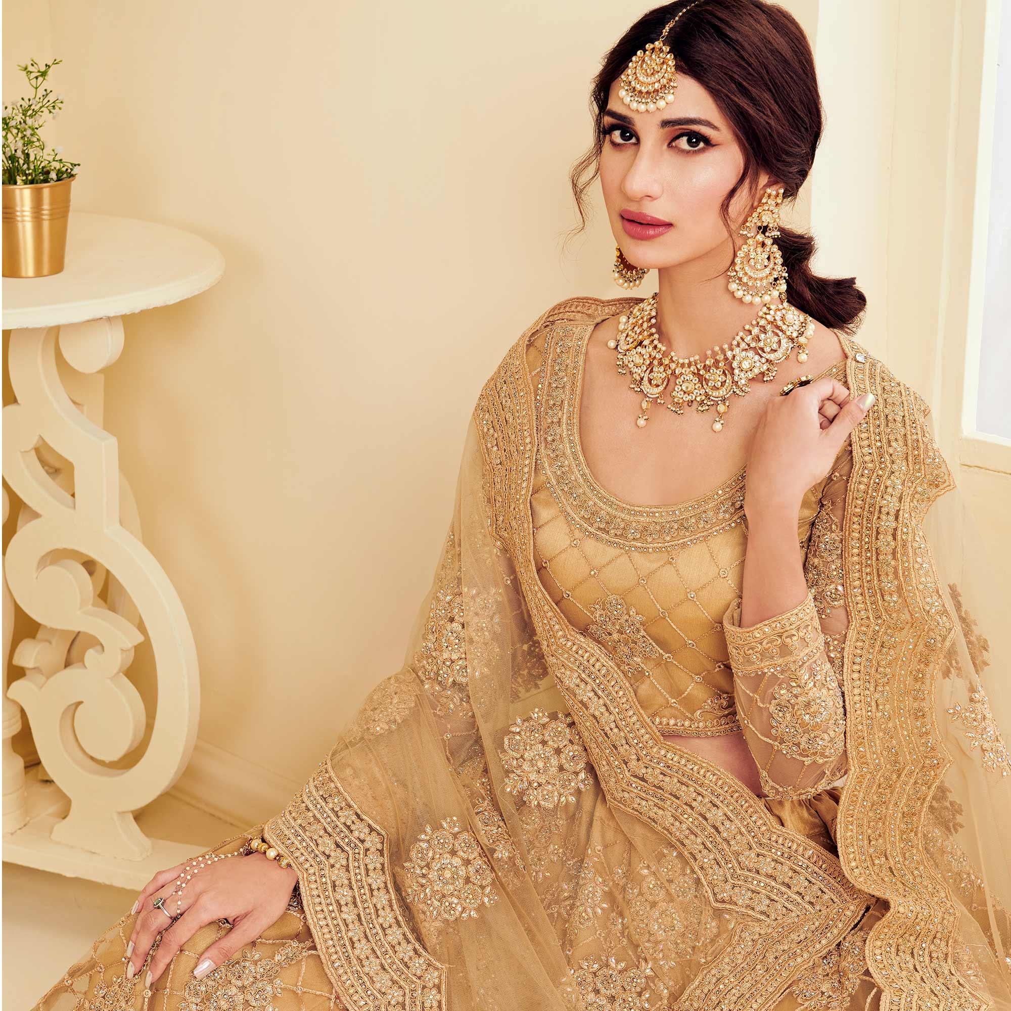 Radiant Golden Coloured Wedding Wear Cording Embroidered Net Lehenga Choli - Peachmode