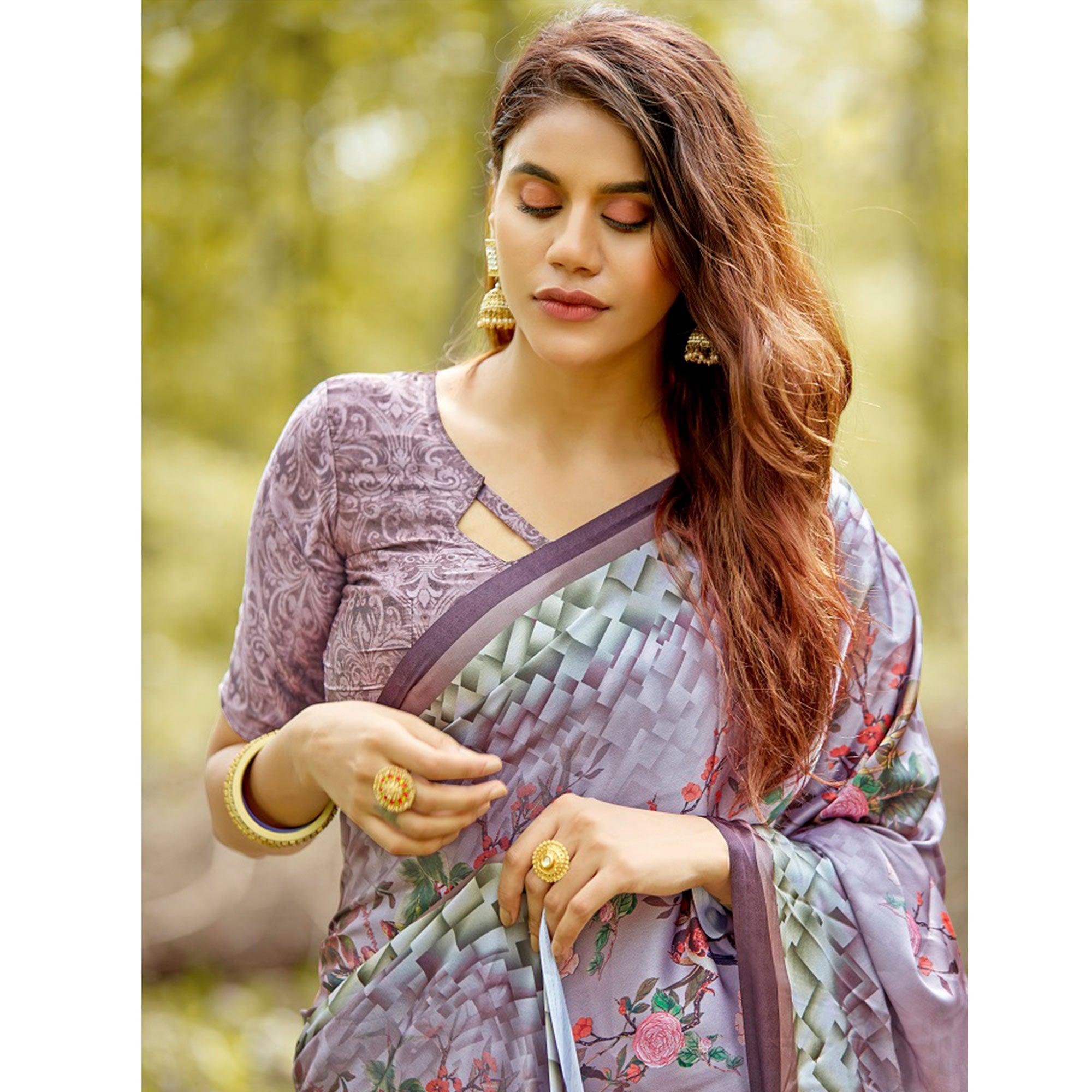 Radiant Gray Colored Casual Digital Printed Satin Crepe Saree - Peachmode