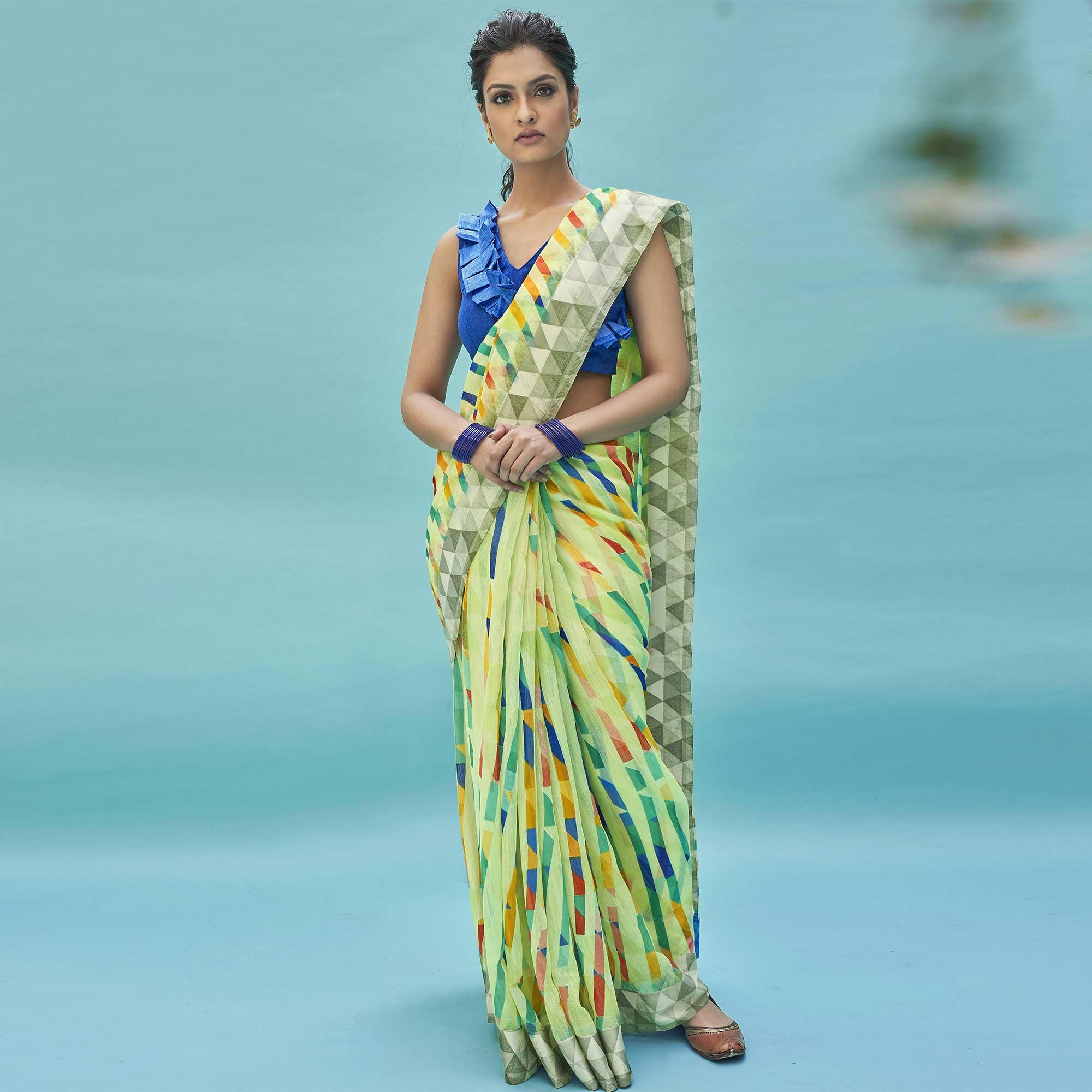 Radiant Green Colored Casual Wear Digital Printed Linen Cotton Saree - Peachmode