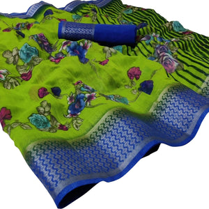 Radiant Green Colored Casual Wear Floral Printed Linen Saree - Peachmode