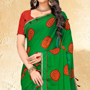 Radiant Green Colored Casual Wear Printed Chiffon Saree - Peachmode