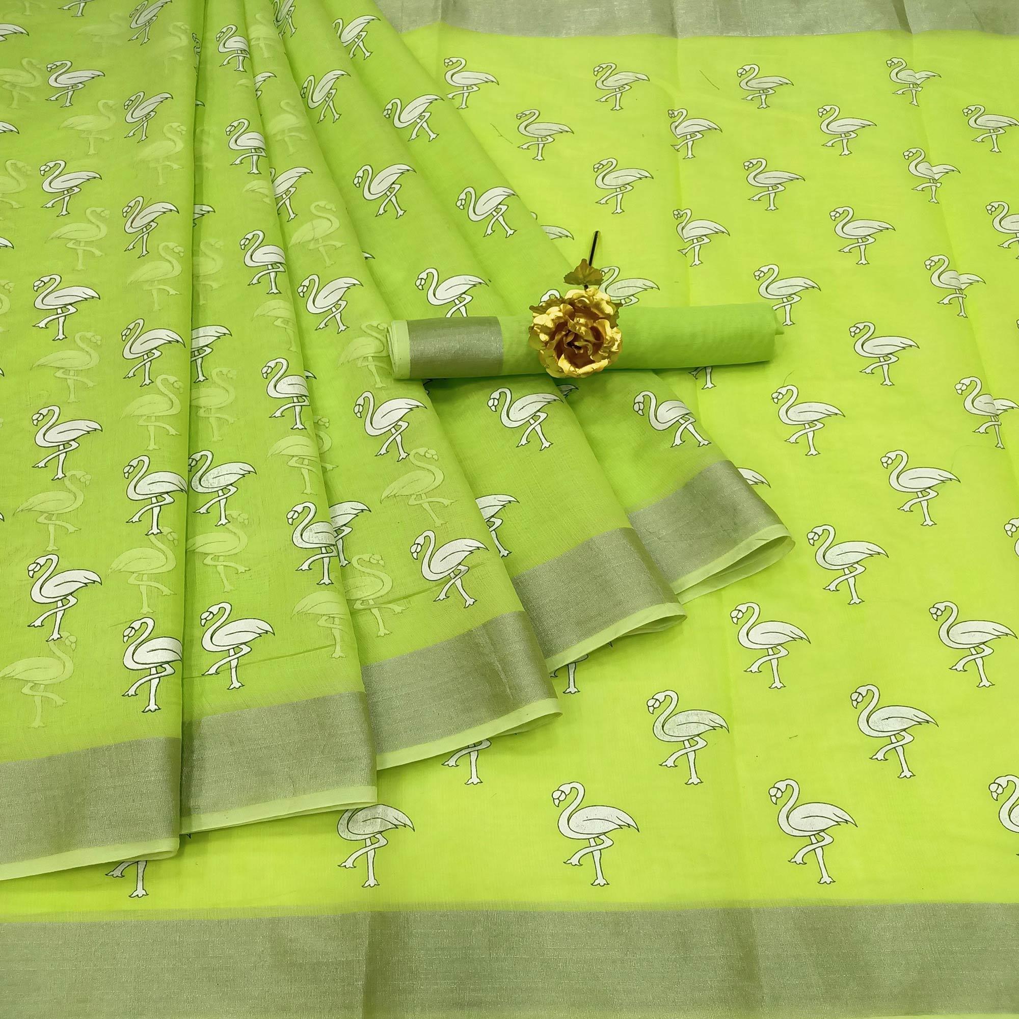 Radiant Green Colored Casual Wear Printed Cotton Linen Saree - Peachmode