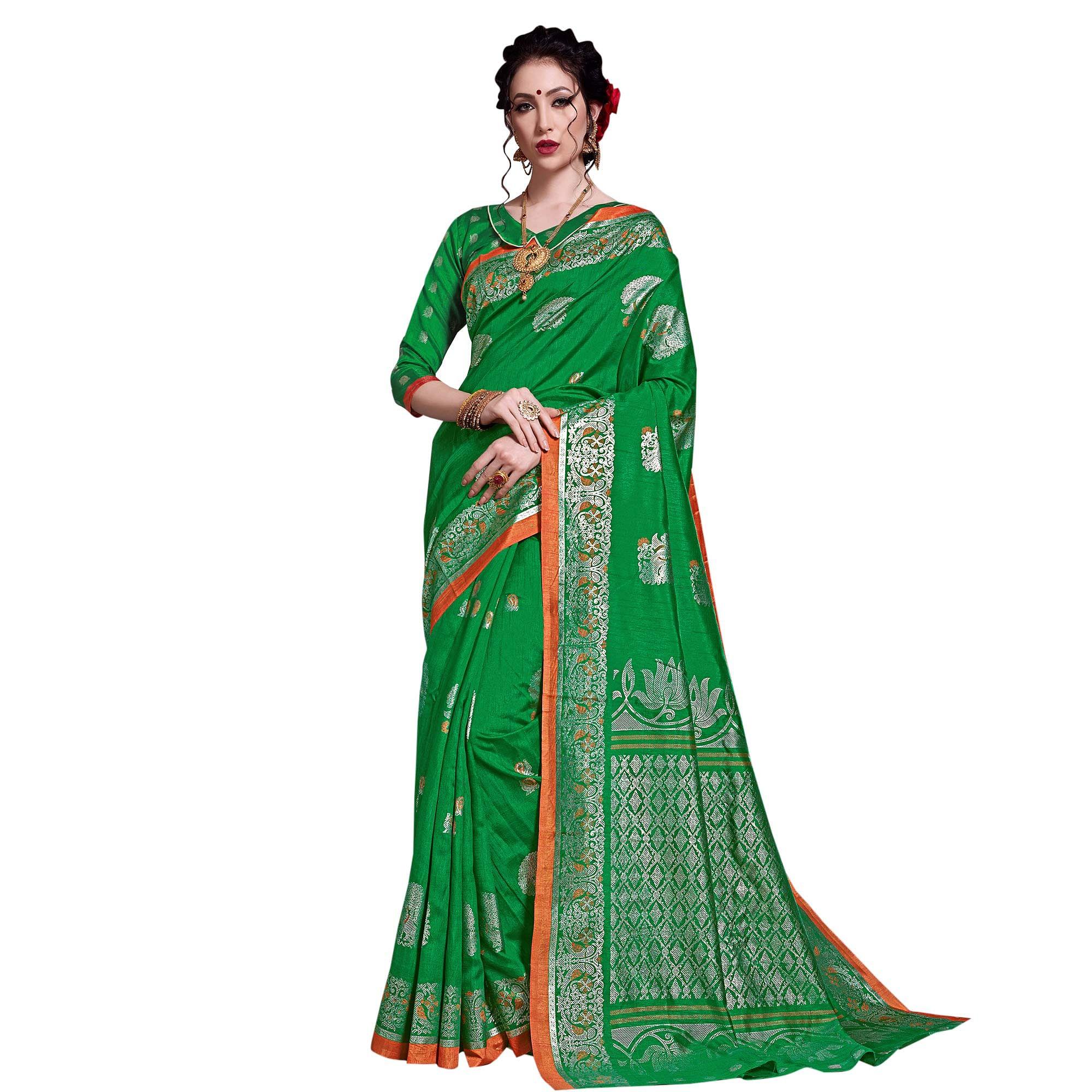 Radiant Green Colored Festive Wear Printed Art Silk Saree - Peachmode