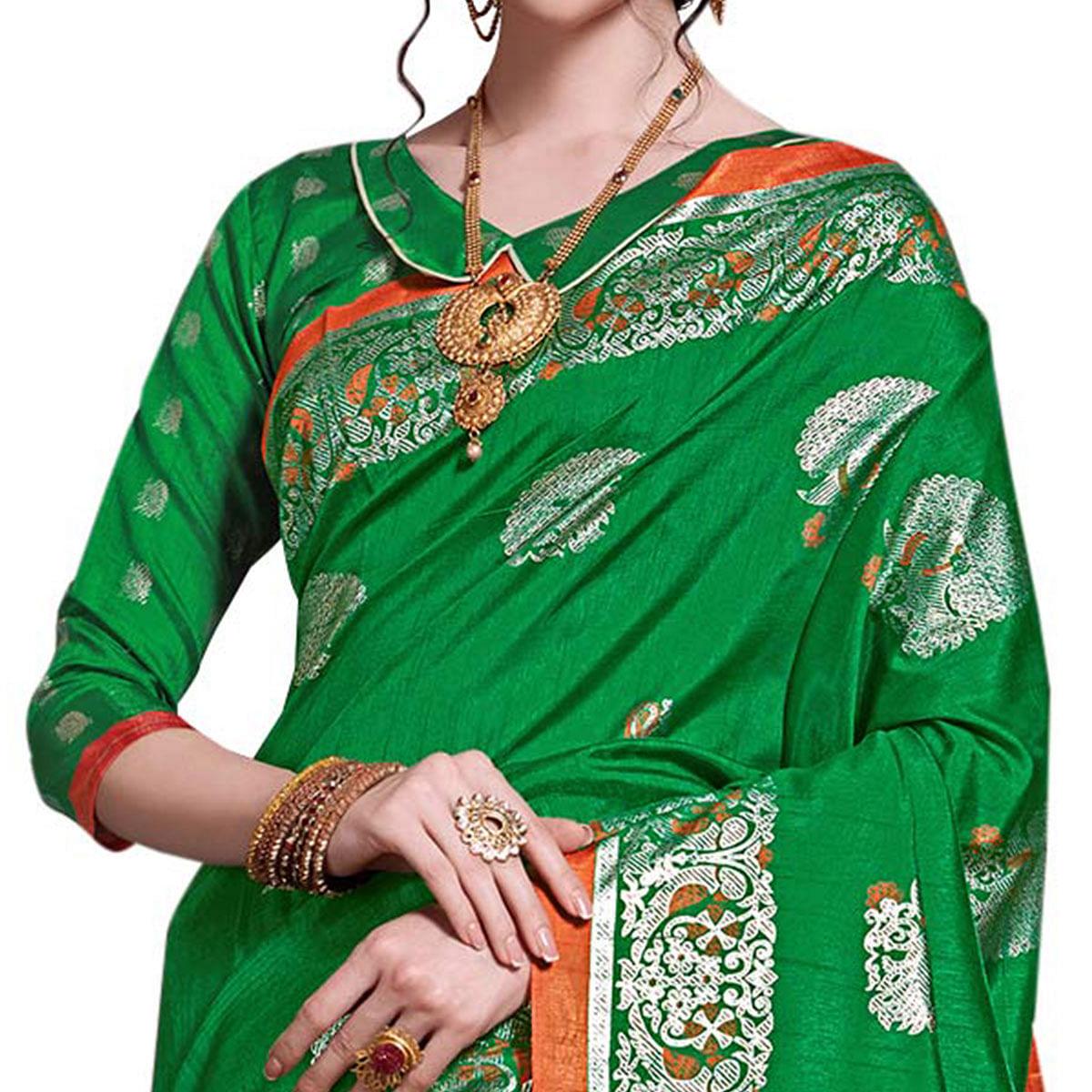 Radiant Green Colored Festive Wear Printed Art Silk Saree - Peachmode