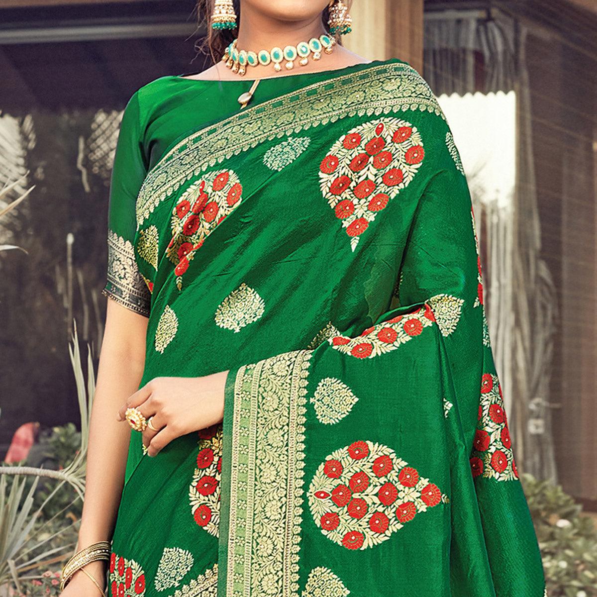 Radiant Green Colored Festive Wear Woven Silk Saree - Peachmode