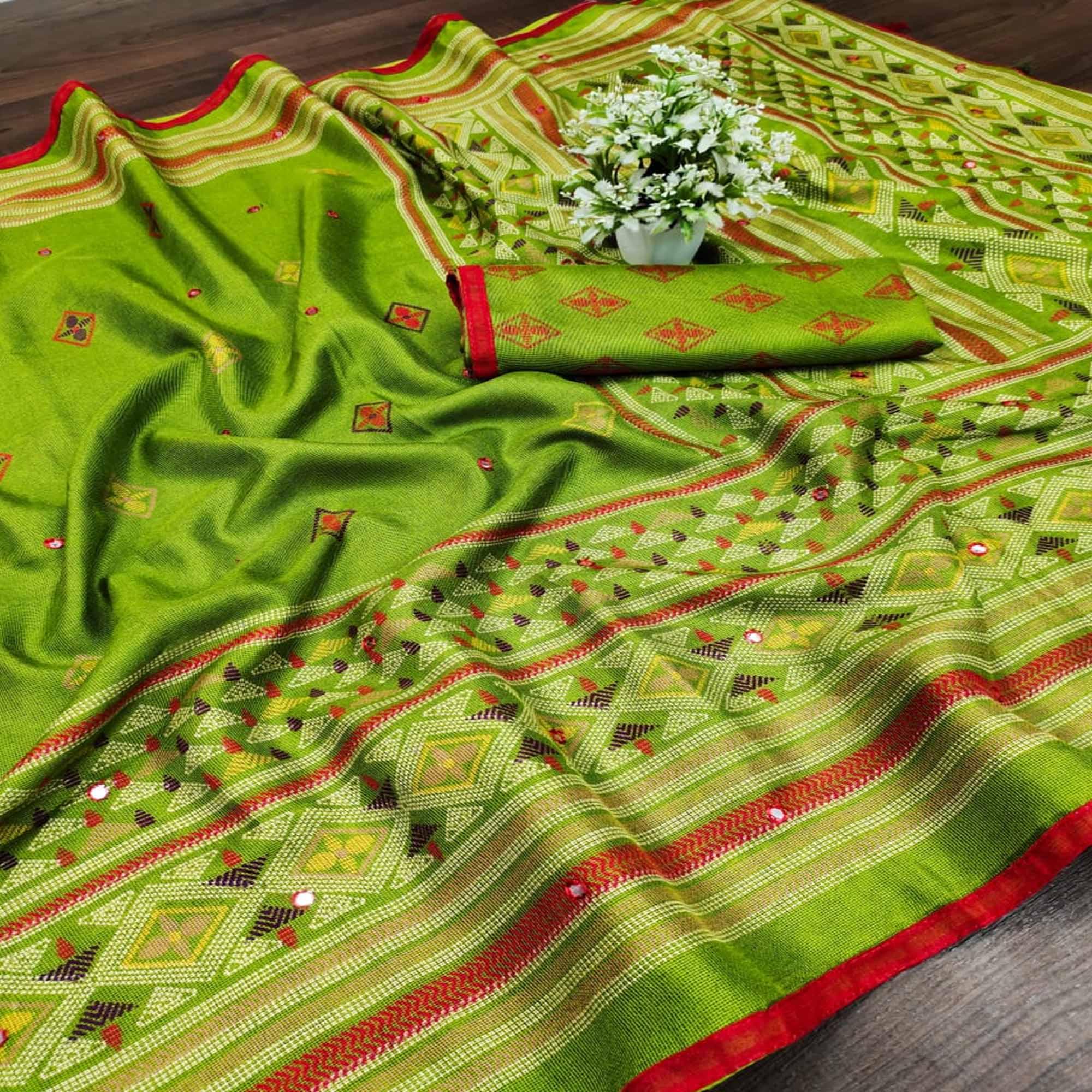 Radiant Green Coloured Casual Wear Printed Cotton Jute Saree - Peachmode