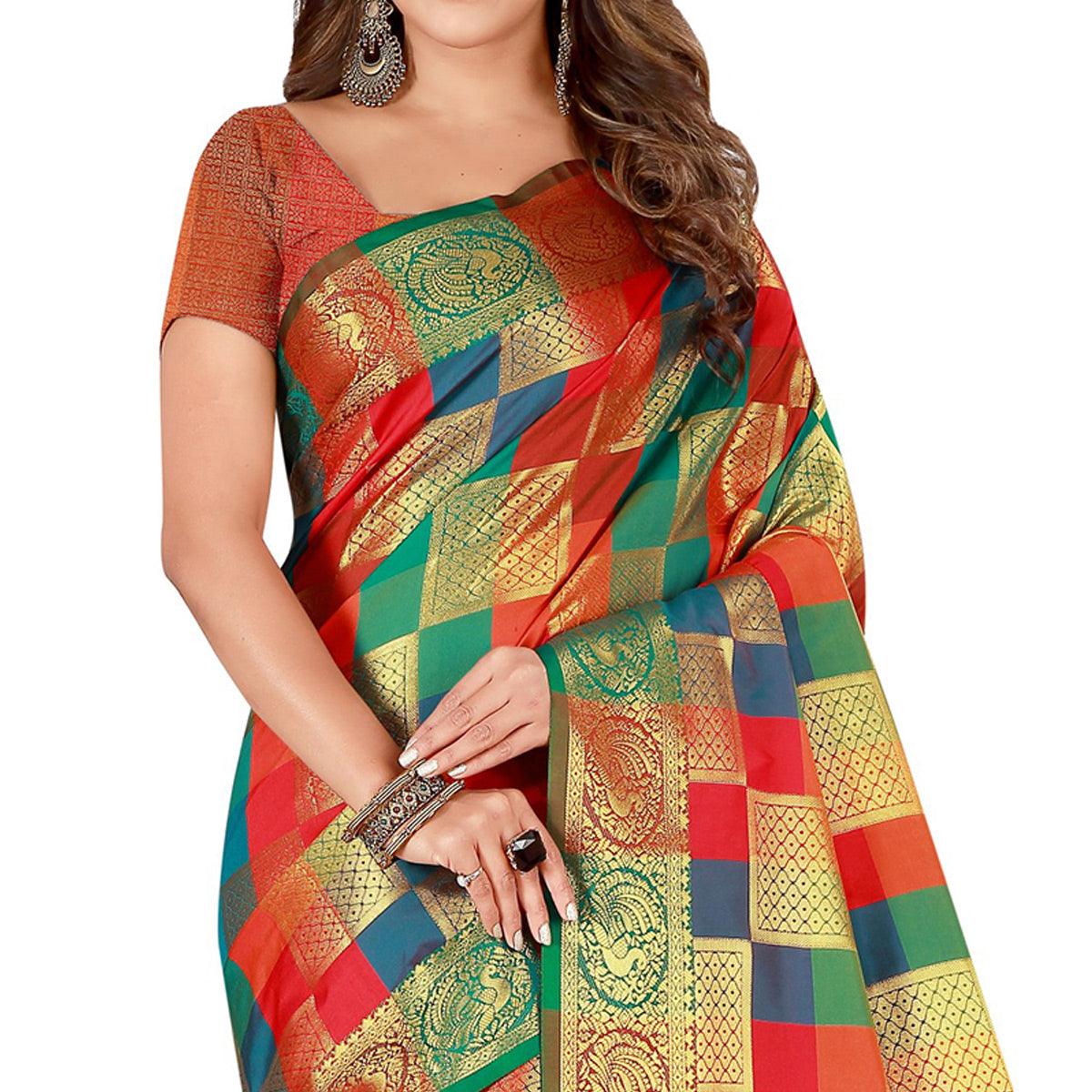 Radiant Green-Multi Colored Festive Wear Art Silk Saree - Peachmode
