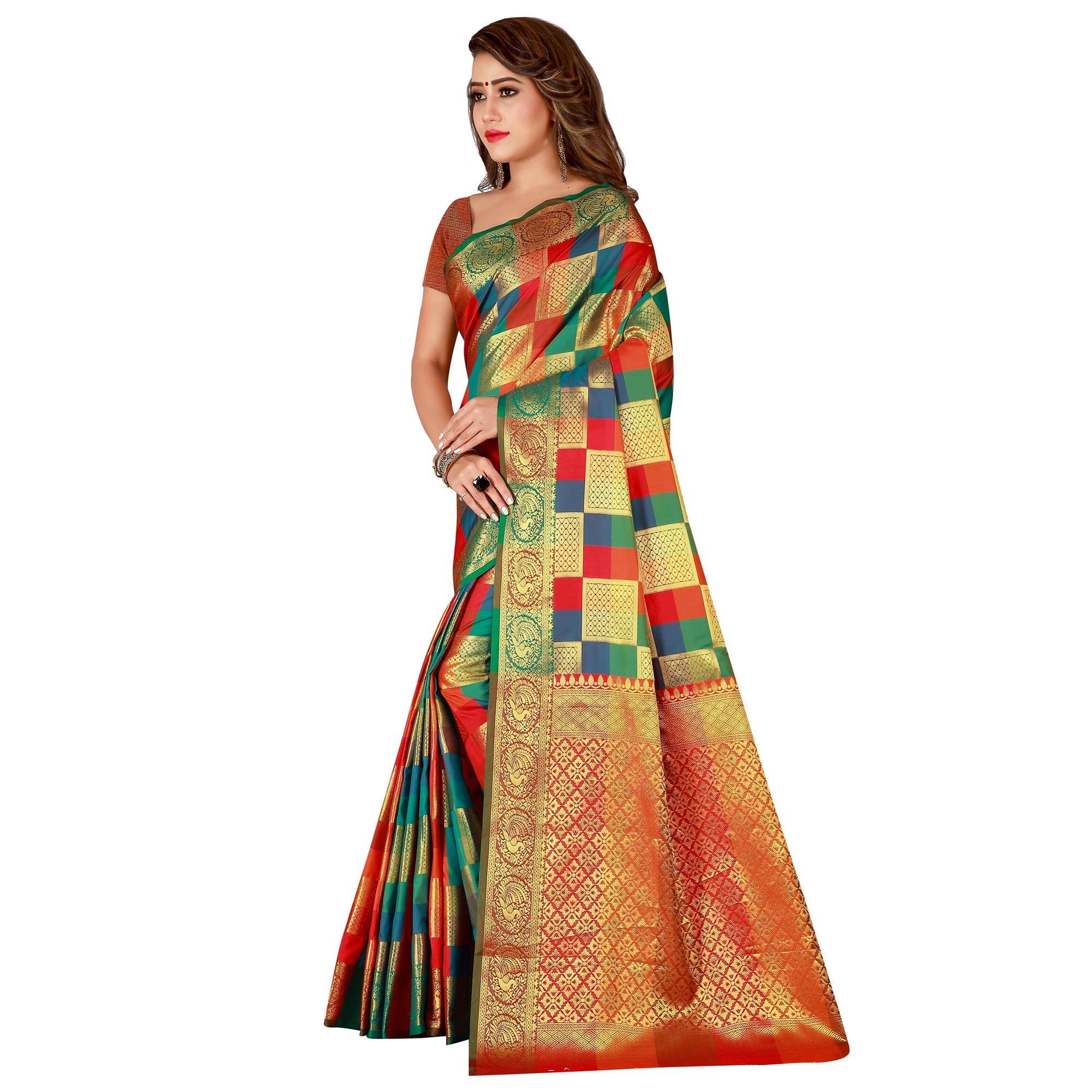 Radiant Green-Multi Colored Festive Wear Art Silk Saree - Peachmode