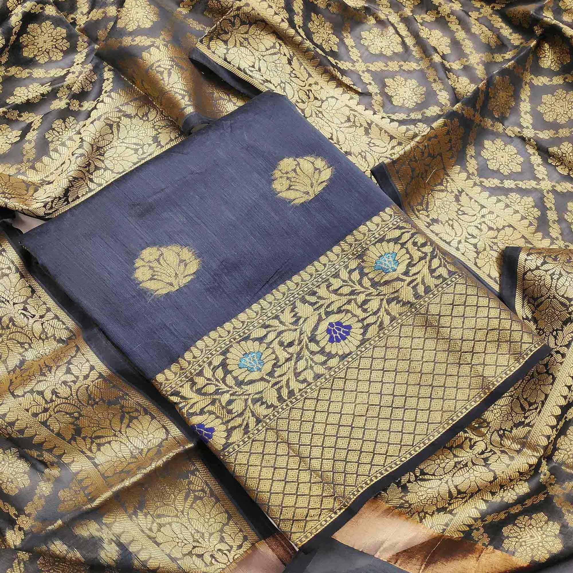 Radiant Grey Colored Festive Wear Woven Banarasi Silk Dress Material - Peachmode