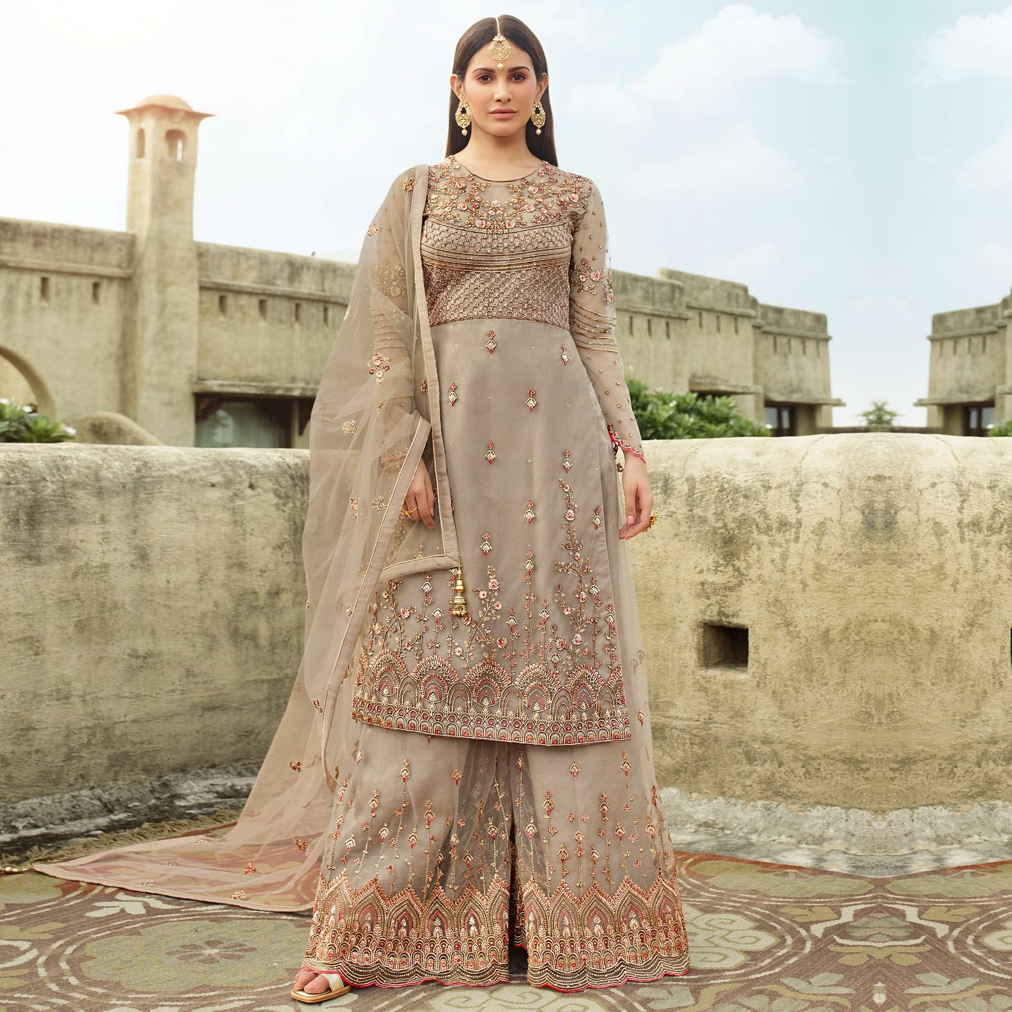 Radiant Grey Coloured Partywear Embroidered Net Palazzo Suit - Peachmode