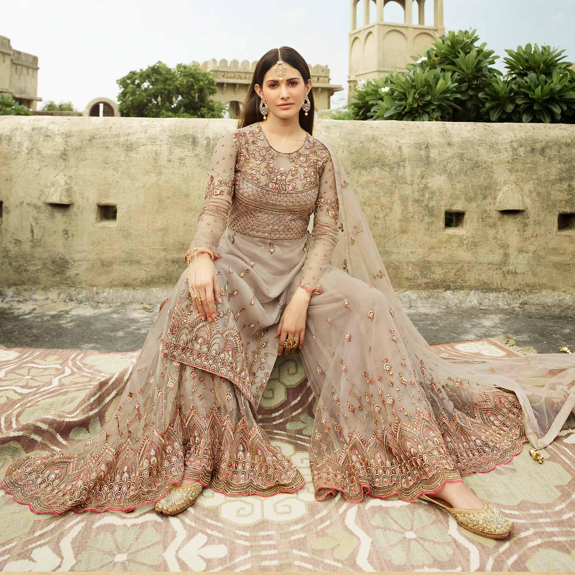 Radiant Grey Coloured Partywear Embroidered Net Palazzo Suit - Peachmode