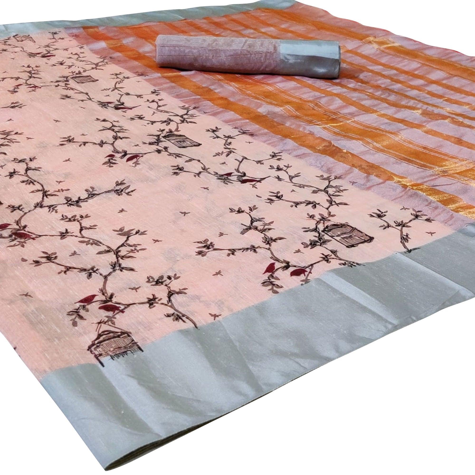 Radiant Light Pink Colored Casual Printed-Woven Linen Saree With Tassels - Peachmode