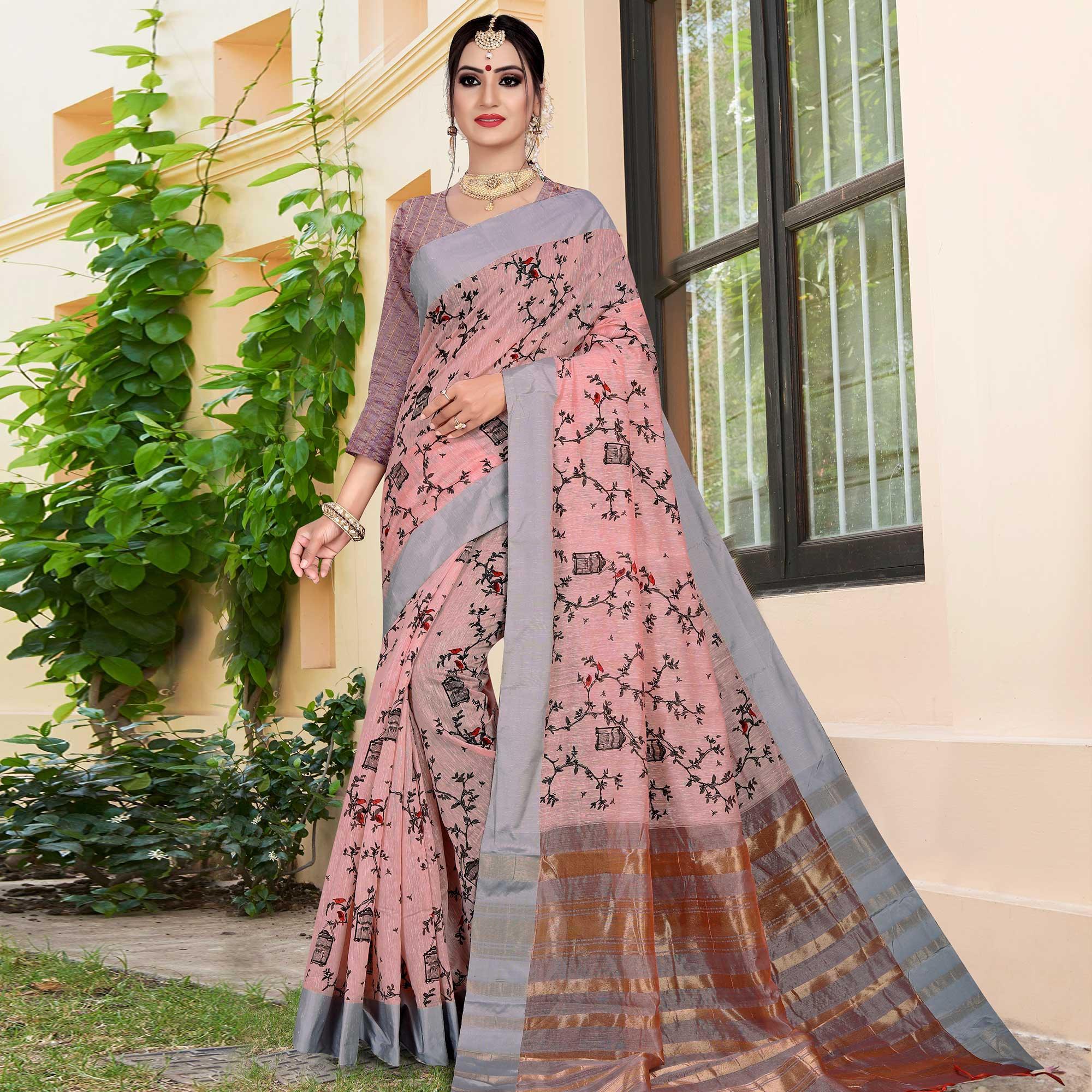 Radiant Light Pink Colored Casual Printed-Woven Linen Saree With Tassels - Peachmode