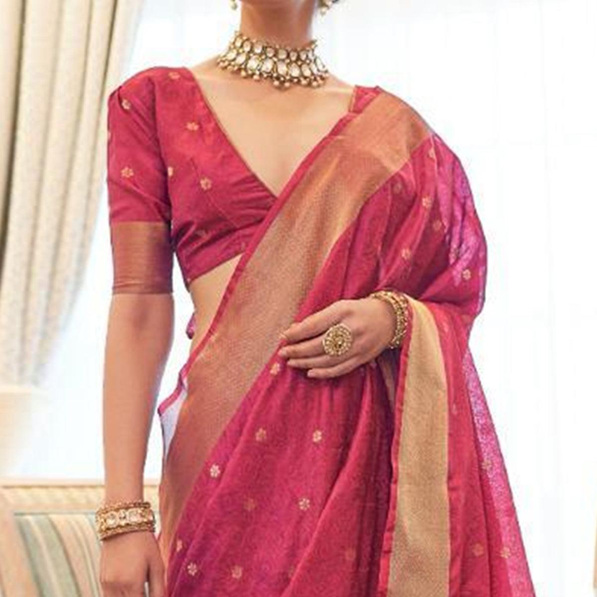 Radiant Magenta Colored Festive Wear Woven Pure Kanjivaram Silk Saree - Peachmode
