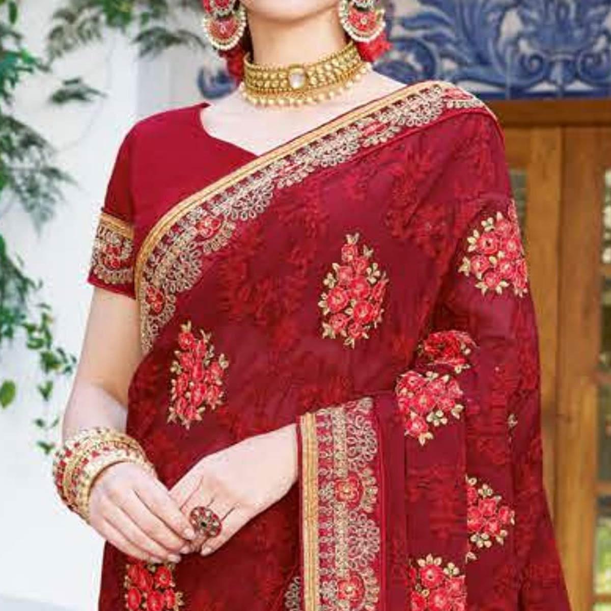 Radiant Maroon Colored Partywear Embroidered Georgette Silk Saree - Peachmode