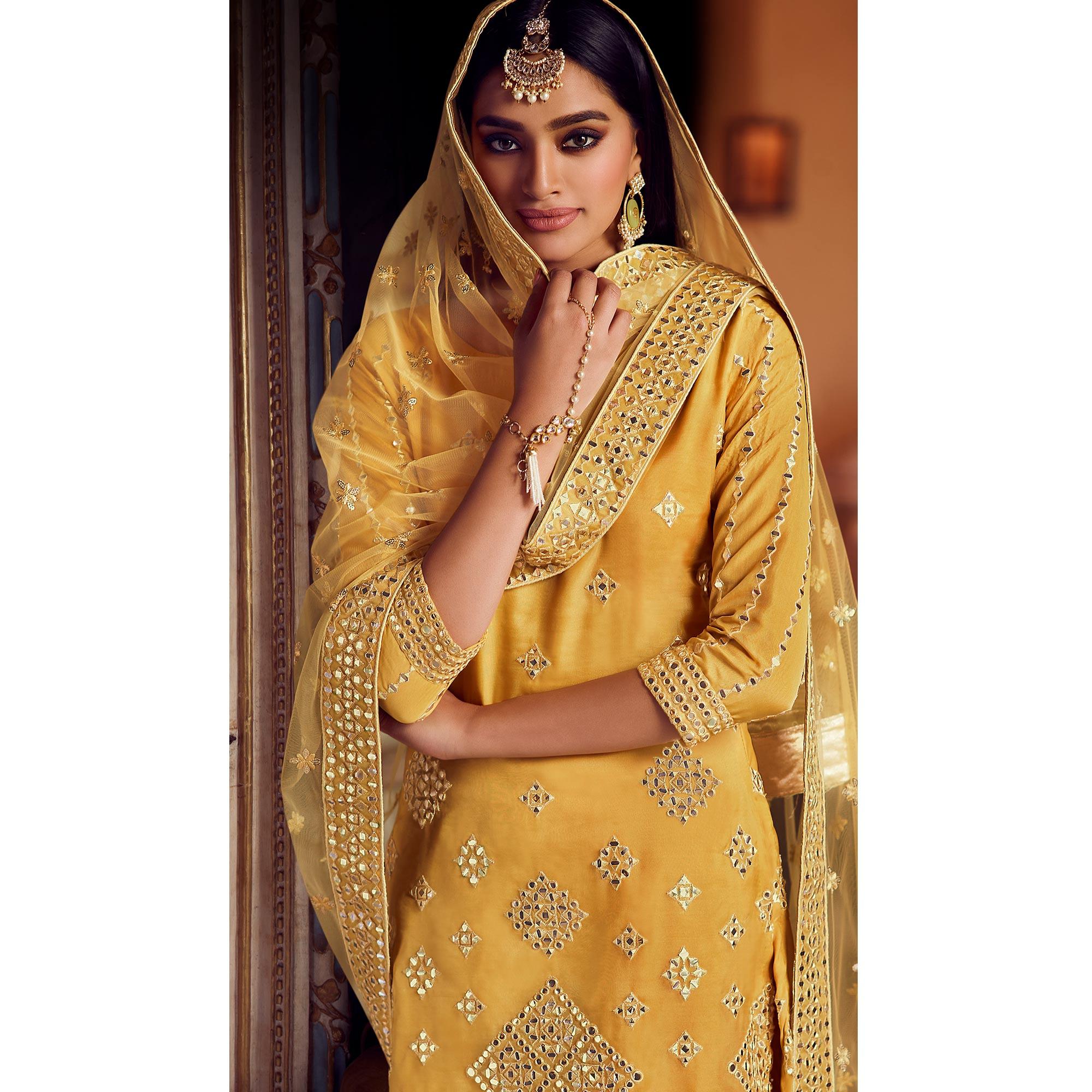 Radiant Mustard Yellow Coloured Partywear Thread Foil Mirror Work Organza Pallazo Suit - Peachmode