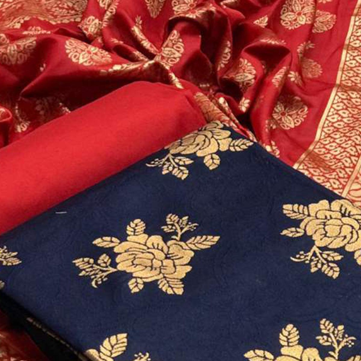 Radiant Navy Blue Colored Casual Wear Banarasi Silk Dress Material - Peachmode