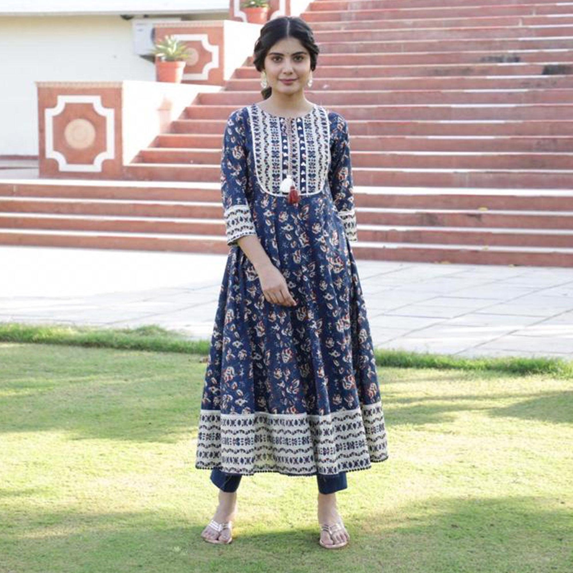 Radiant Navy Blue Colored Casual Wear Printed Cotton Anarkali Kurti Pant Set With Dupatta - Peachmode
