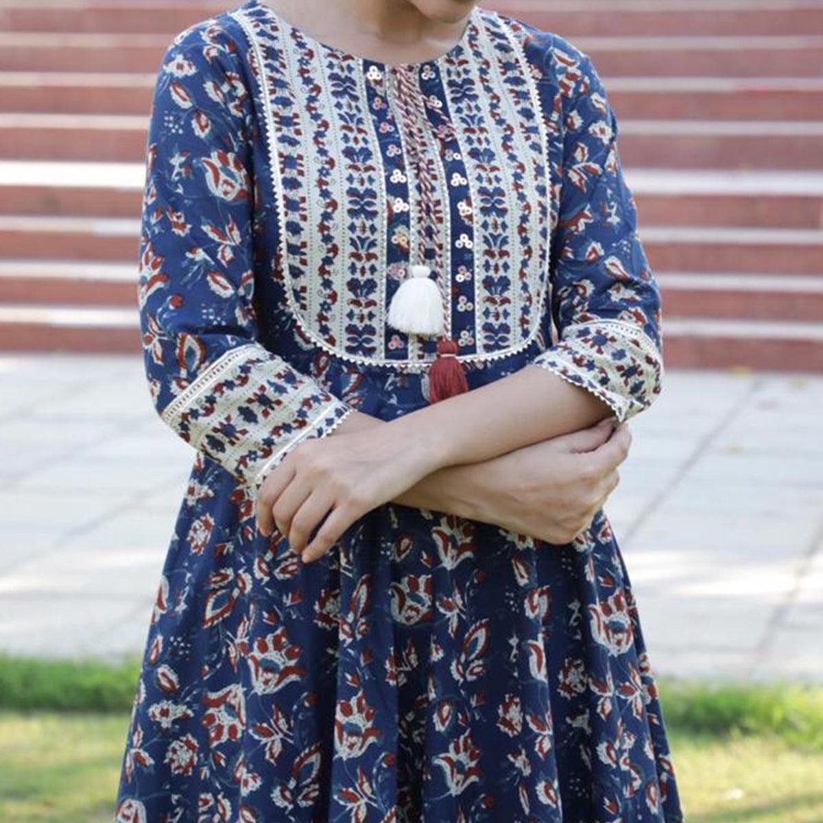Radiant Navy Blue Colored Casual Wear Printed Cotton Anarkali Kurti Pant Set With Dupatta - Peachmode