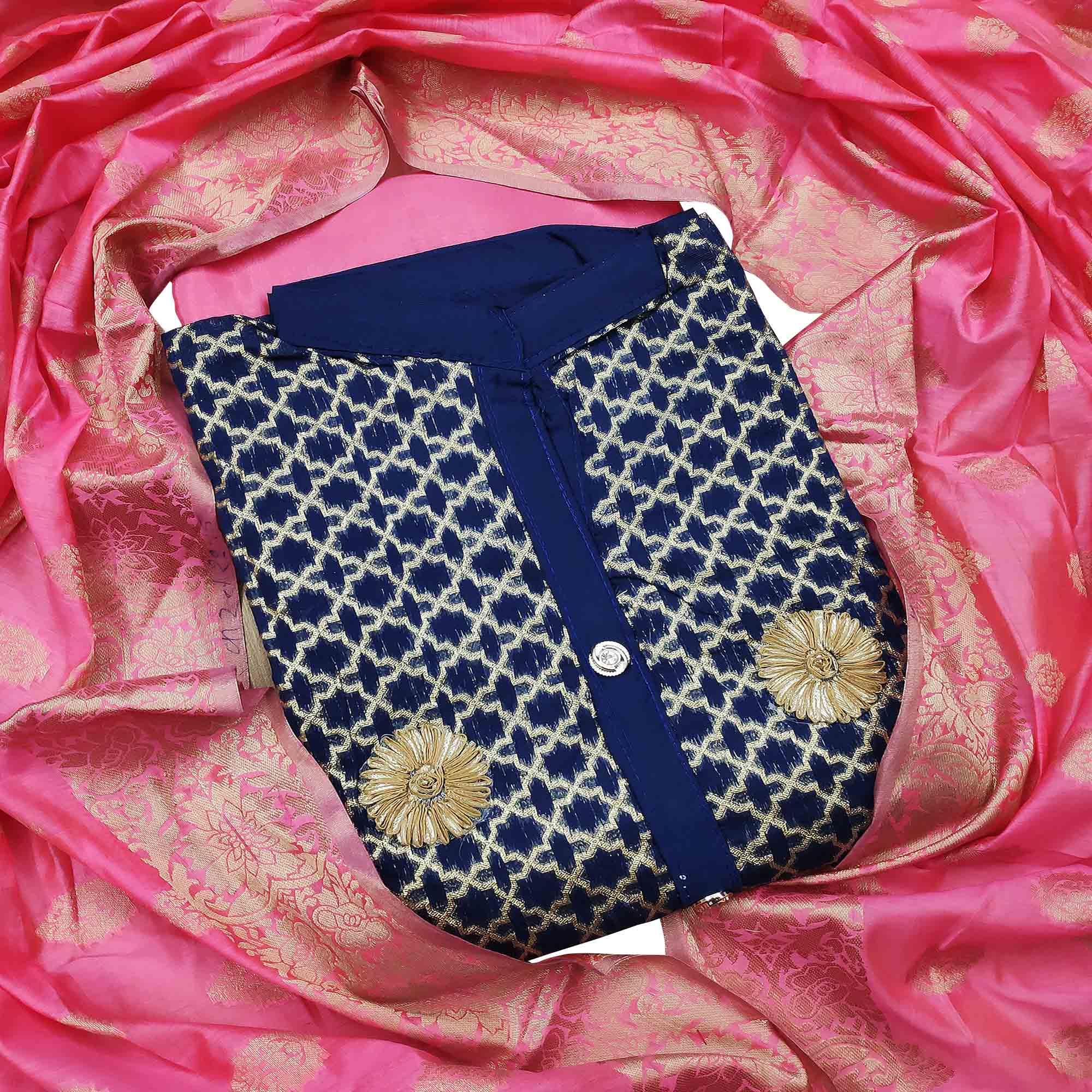 Radiant Navy Blue Colored Festive Wear Woven Heavy Banarasi Silk Dress Material - Peachmode