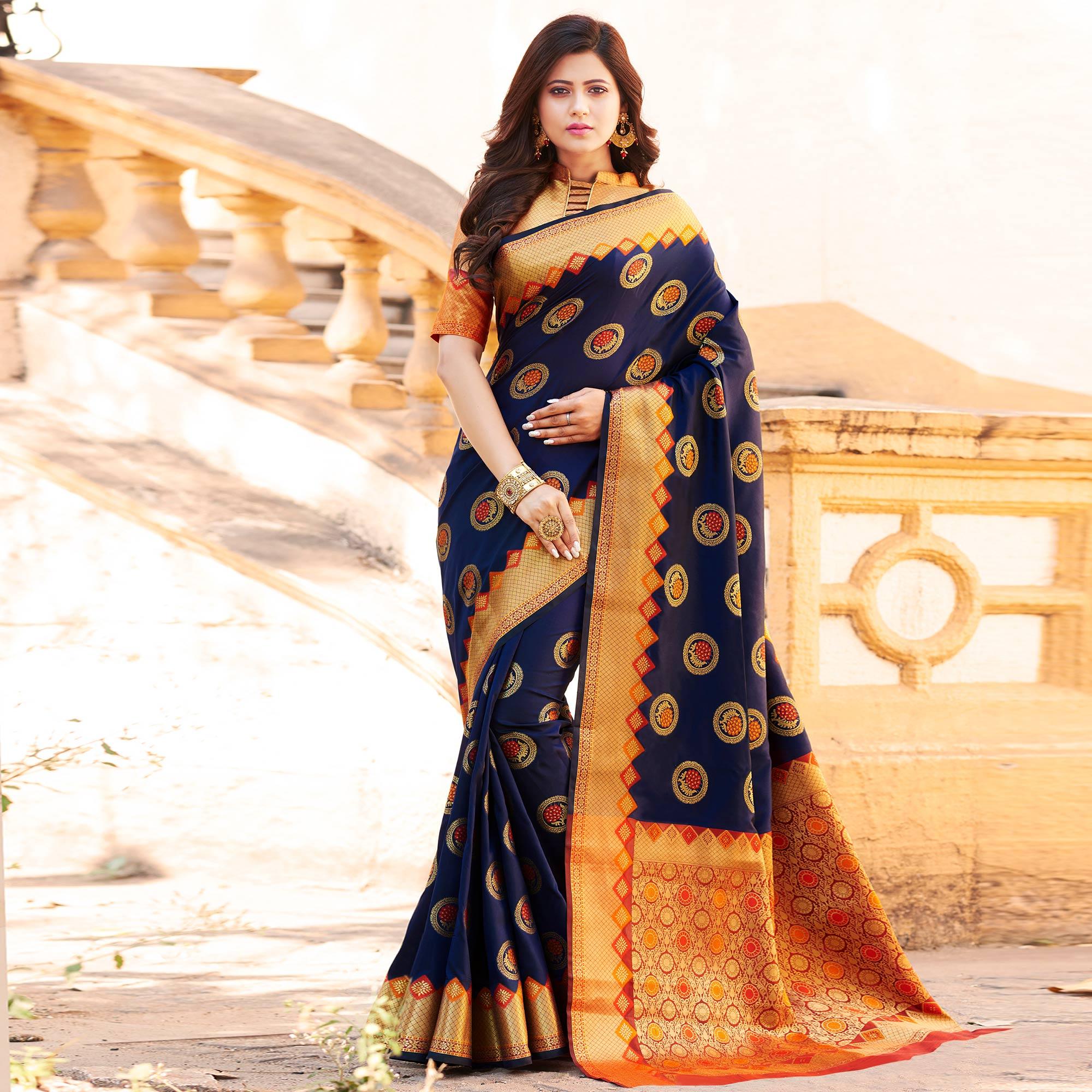 Radiant Navy Blue Colored Festive Wear Woven Heavy Banarasi Silk Saree - Peachmode