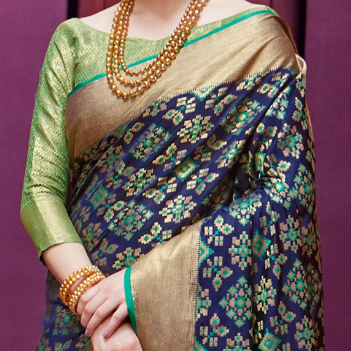 Radiant Navy Blue Colored Festive Wear Woven Indian Patola Silk Saree - Peachmode