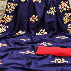Radiant Navy Blue Colored Festive Wear Woven Vichitra Silk Saree - Peachmode