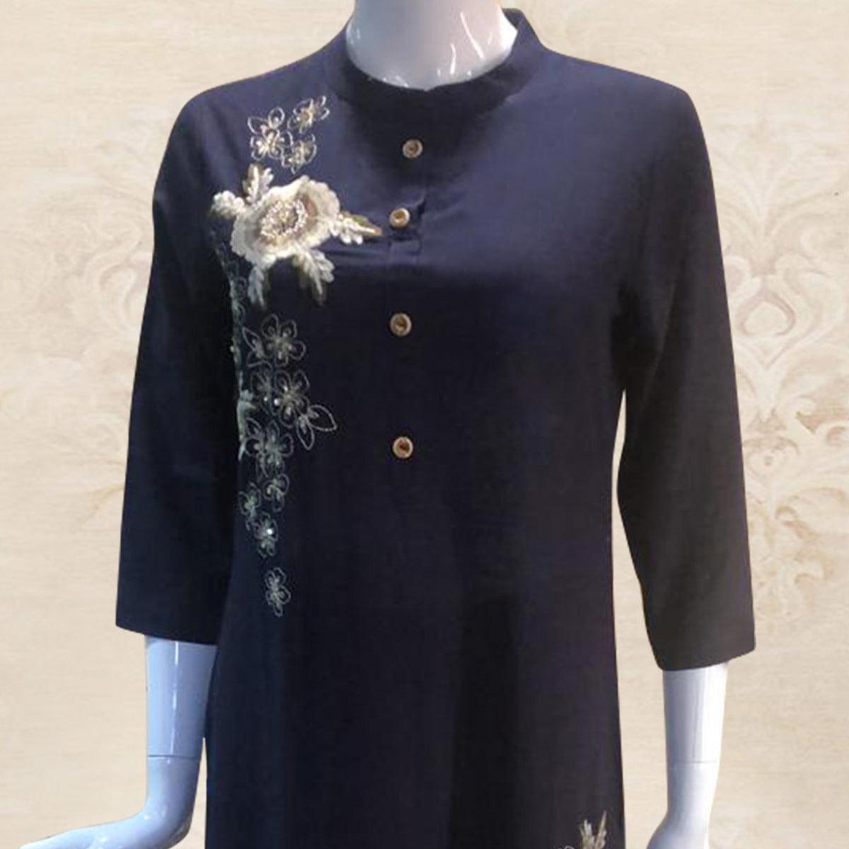 Radiant Navy Blue Colored Partywear Embroidered Cotton Kurti-Palazzo Set - Peachmode