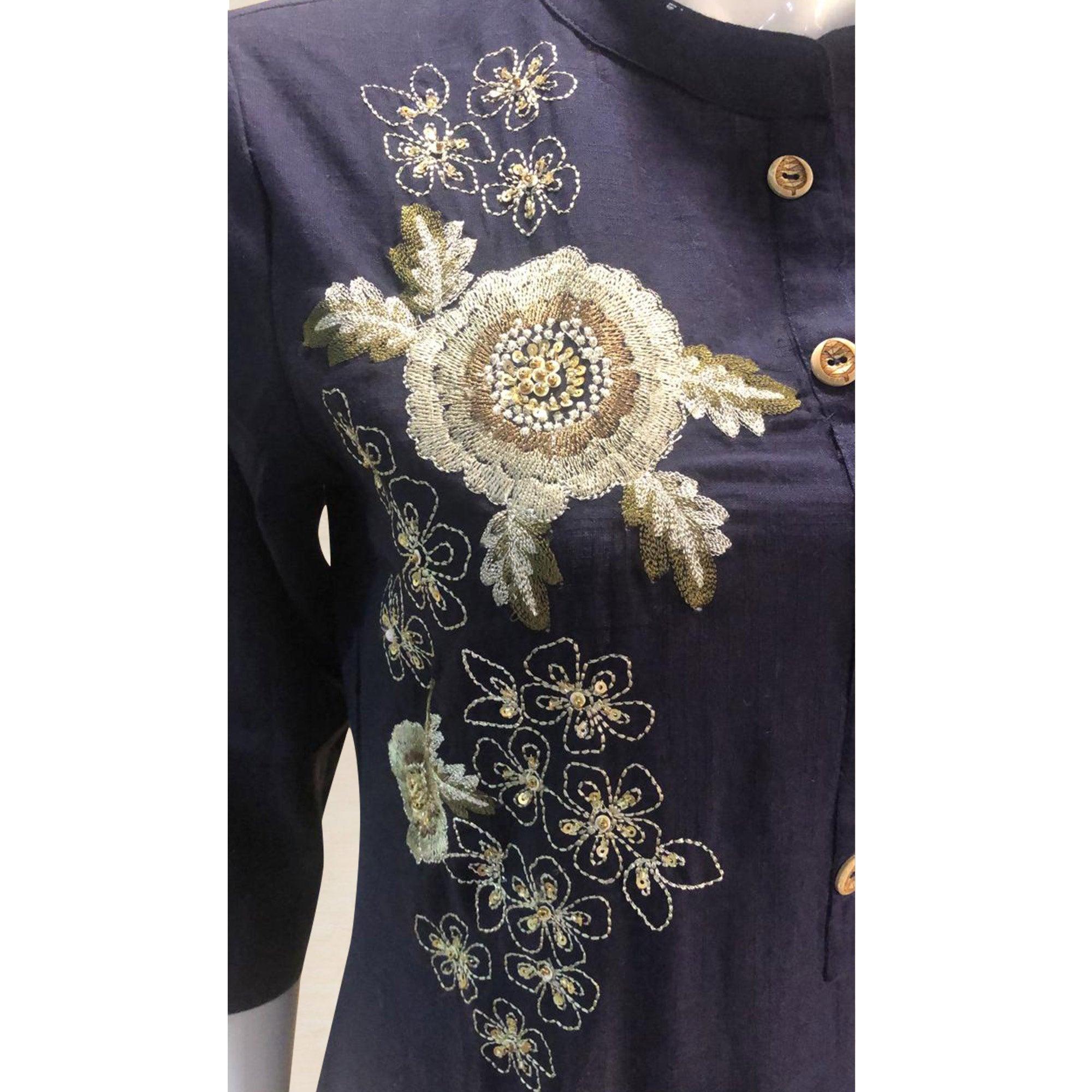 Radiant Navy Blue Colored Partywear Embroidered Cotton Kurti-Palazzo Set - Peachmode