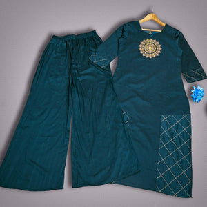 Radiant Navy Blue Colored Partywear Embroidered Pure Viscose Silk Kurti-Palazzo Set - Peachmode