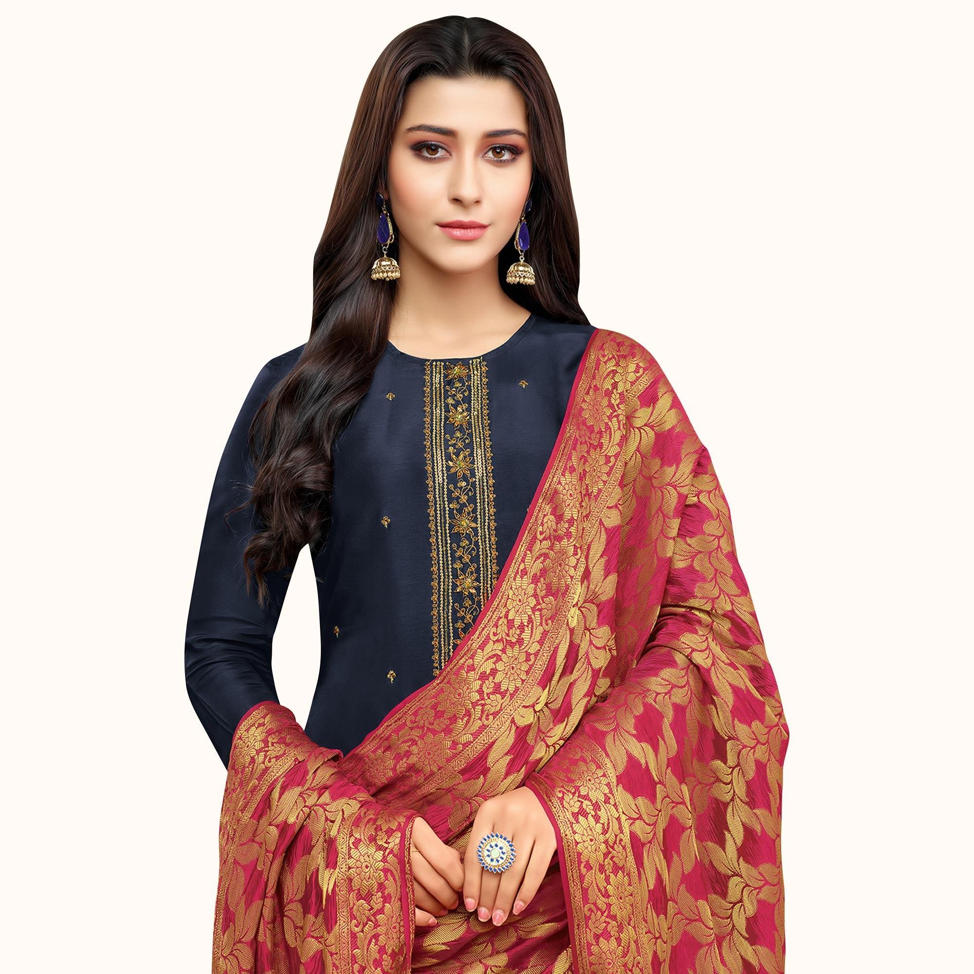 Radiant Navy Blue Colored Partywear Embroidered Silk Suit With Banarasi Dupatta - Peachmode