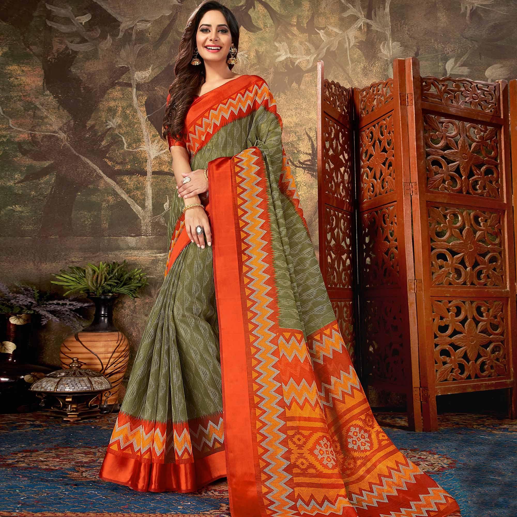 Radiant Olive Green Colored Casual Wear Geometric Printed Cotton Saree - Peachmode