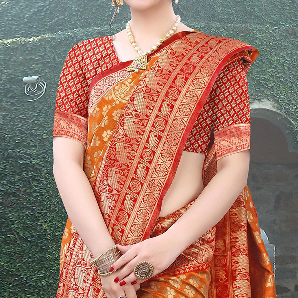 Radiant Orange Colored Festive Wear Woven Heavy Banarasi Silk Saree - Peachmode