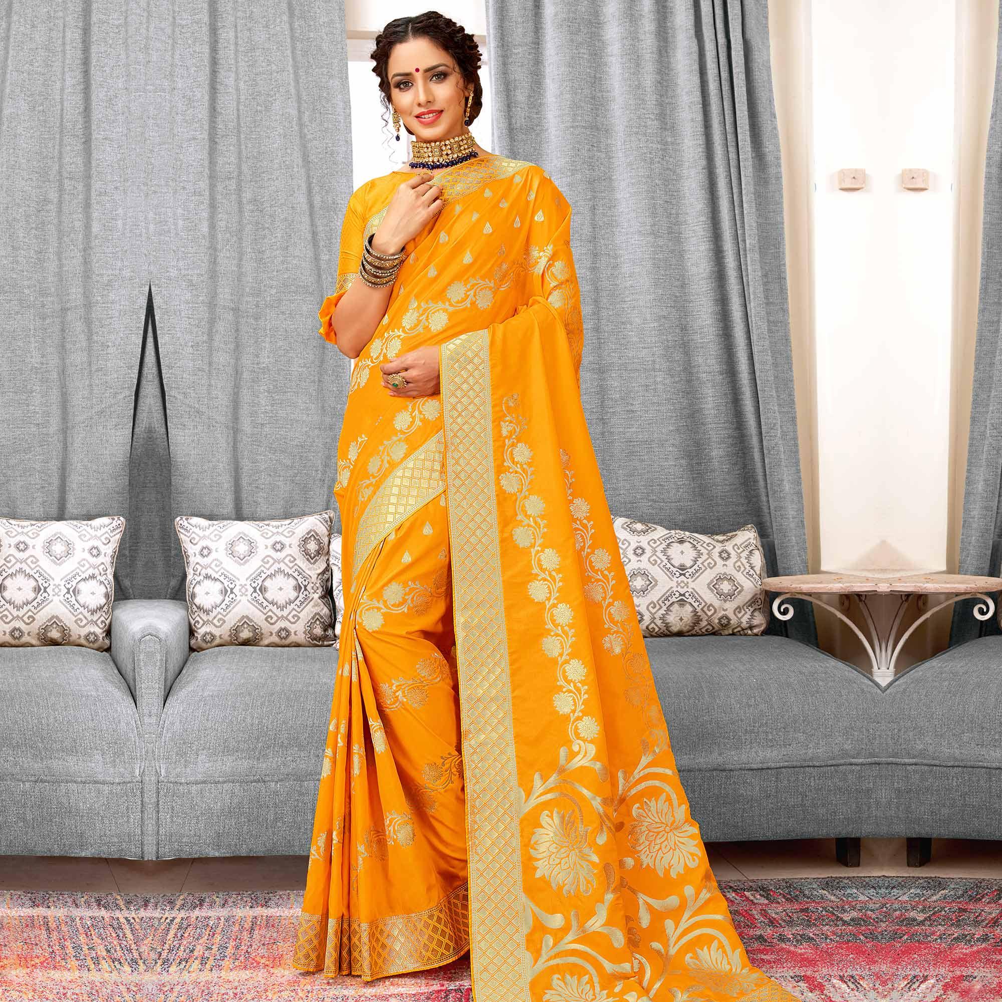 Radiant Orange Colored Festive Wear Woven Silk Saree - Peachmode