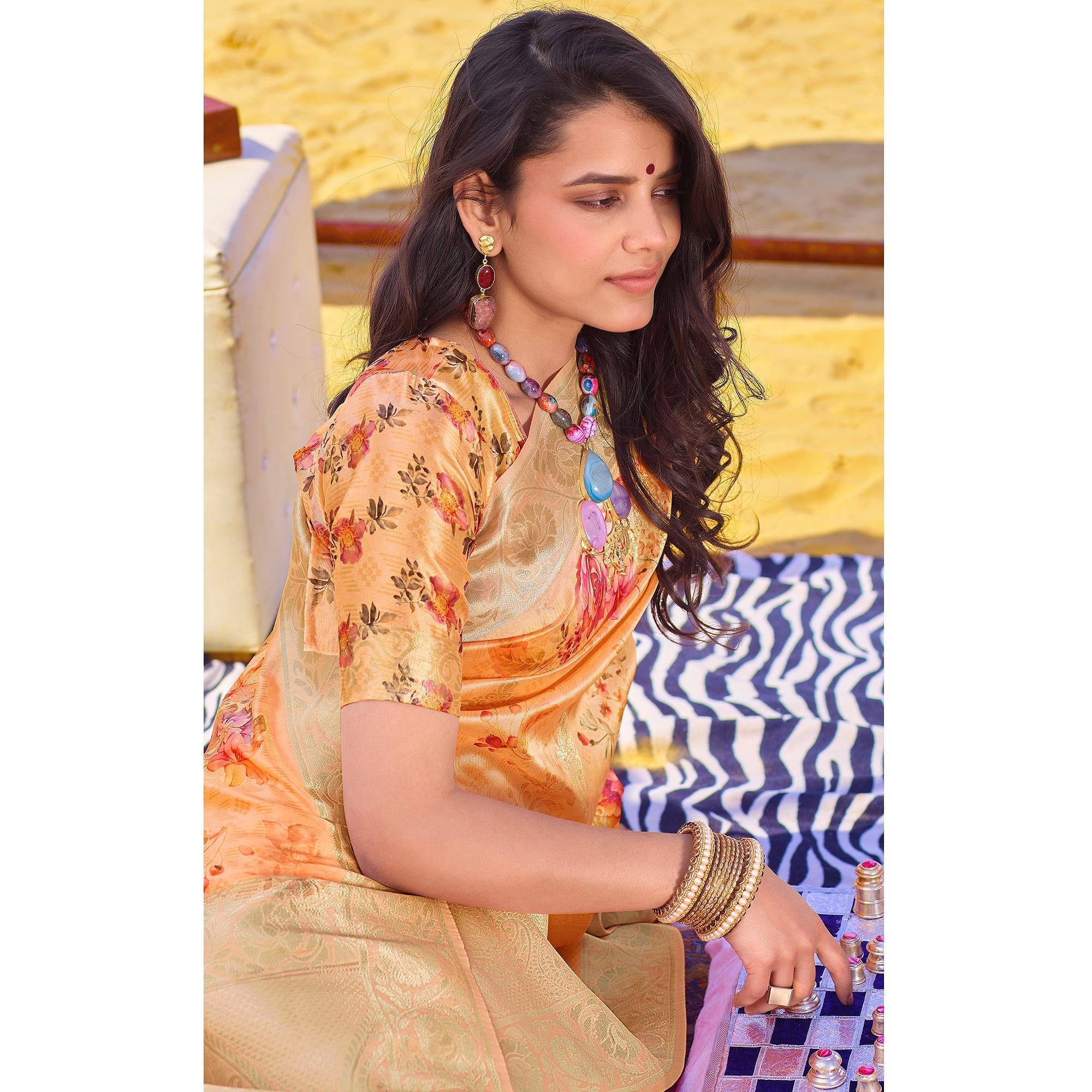 Radiant Orange Colored Festive Wear Woven Silk Saree - Peachmode