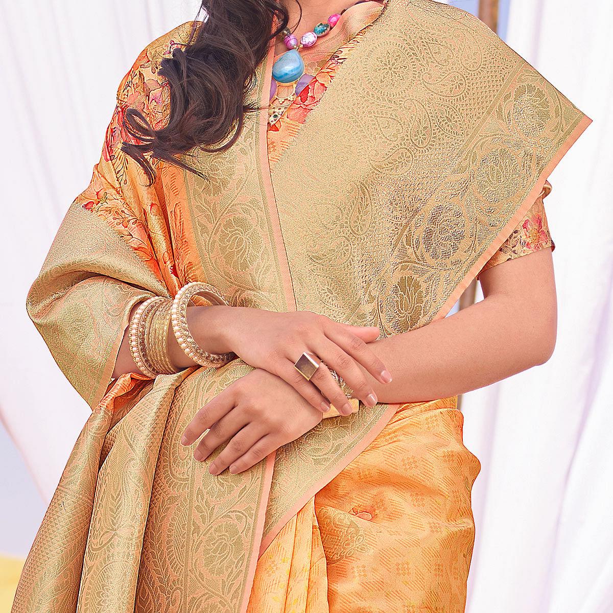 Radiant Orange Colored Festive Wear Woven Silk Saree - Peachmode