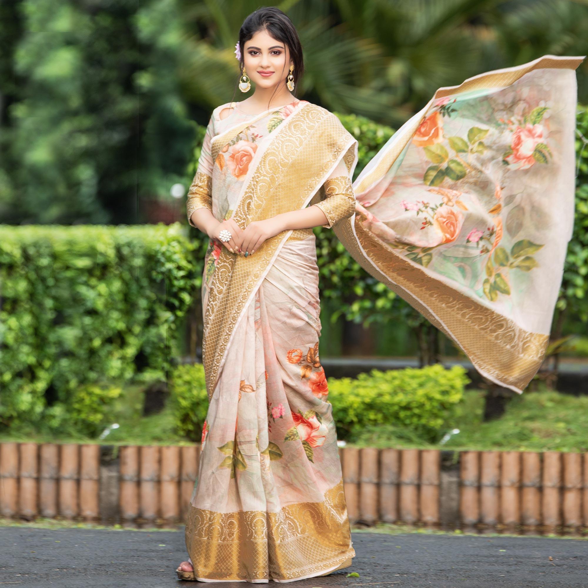 Radiant Pastel Peach Colored Partywear Digital Printed Organza Saree - Peachmode