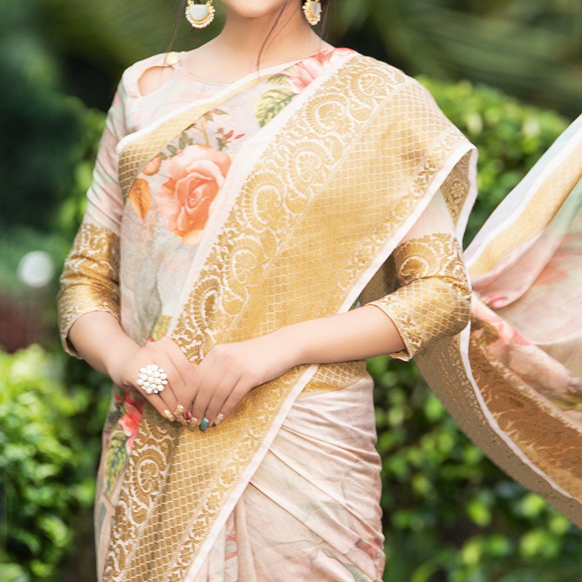 Radiant Pastel Peach Colored Partywear Digital Printed Organza Saree - Peachmode