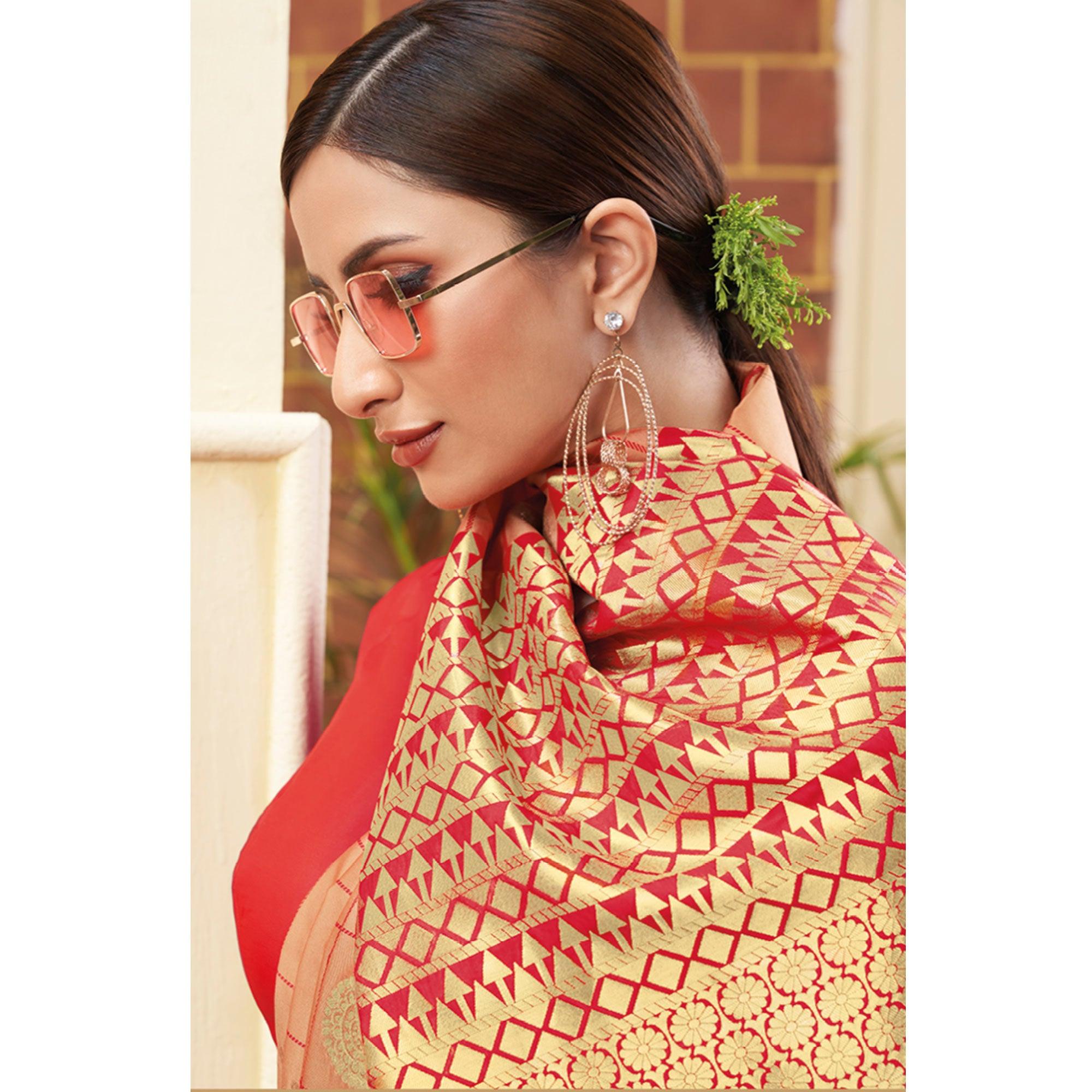 Radiant Peach Colored Festive Wear Woven Silk Saree - Peachmode
