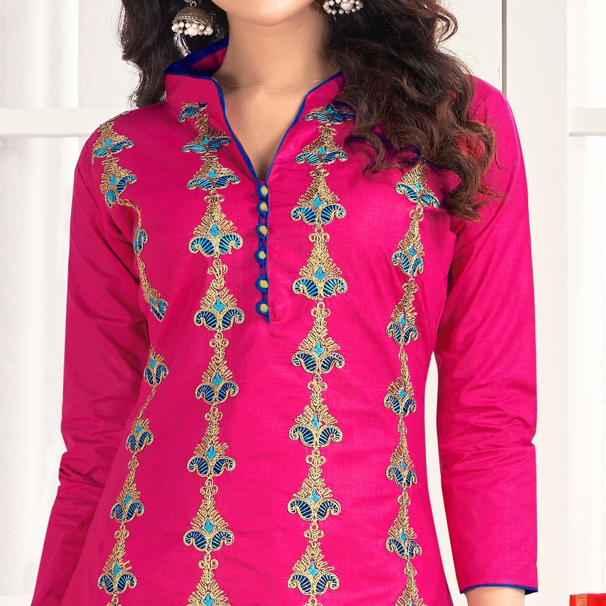 Radiant Pink Colored Casual Wear Embroidered Salwar Suit - Peachmode