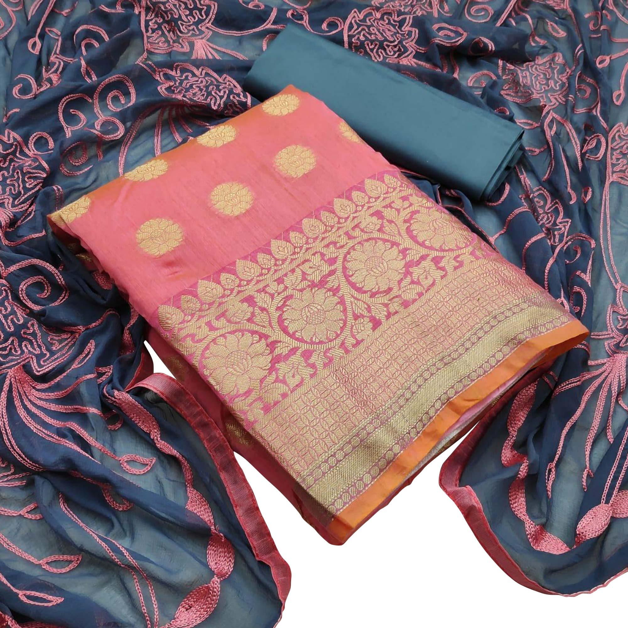 Radiant Pink Colored Casual Wear Woven Banarasi Silk Dress Material - Peachmode