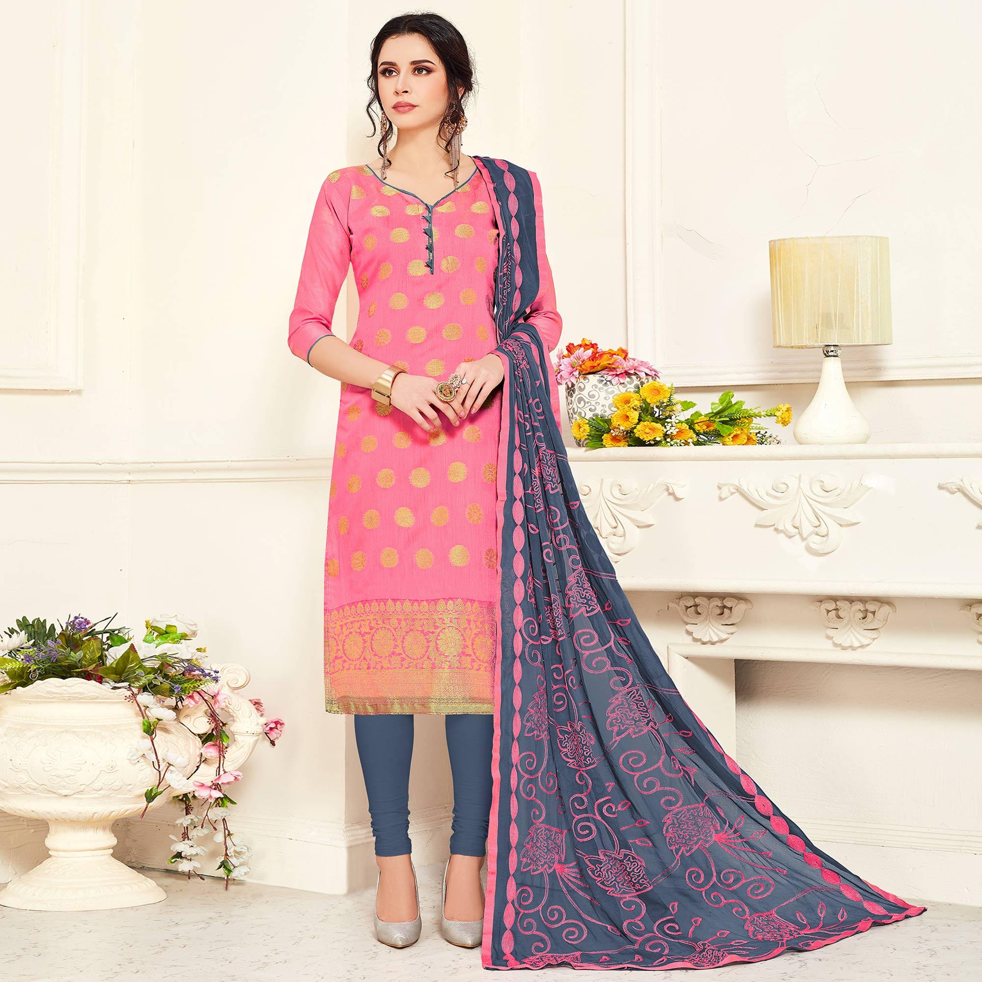 Radiant Pink Colored Casual Wear Woven Banarasi Silk Dress Material - Peachmode