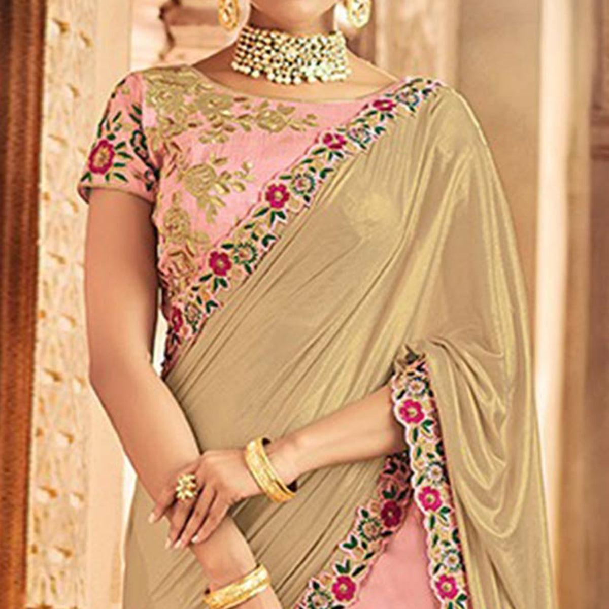 Radiant Pink Colored Designer Embroidered Wedding Wear Raw Silk Lehenga Saree - Peachmode