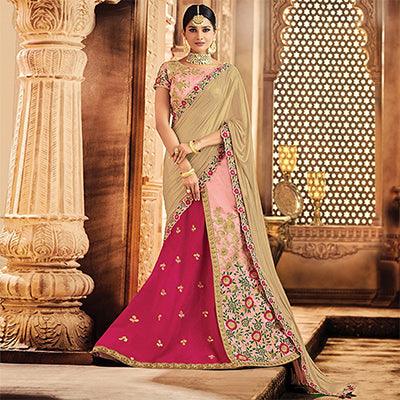Radiant Pink Colored Designer Embroidered Wedding Wear Raw Silk Lehenga Saree - Peachmode
