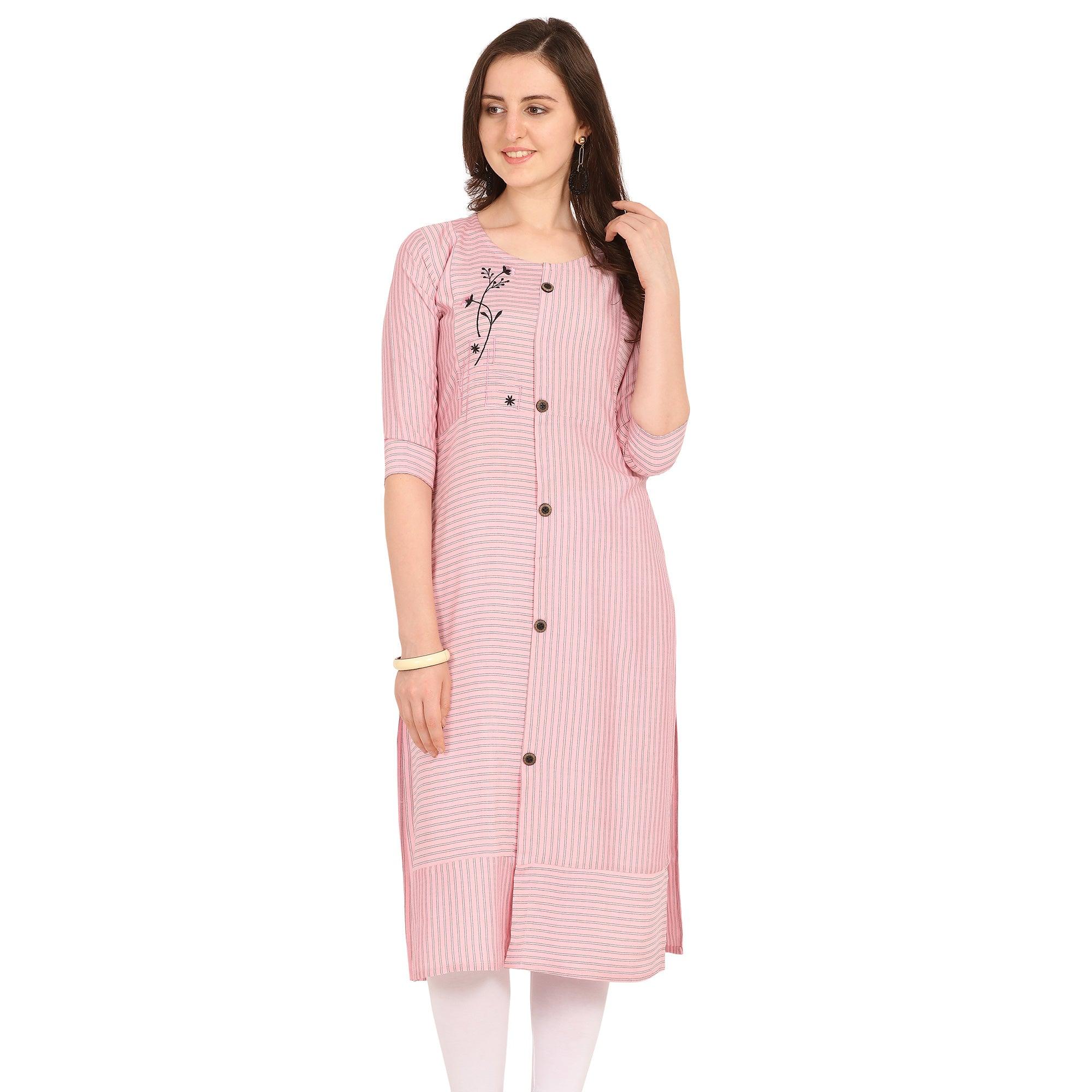Radiant Pink Colored Party Wear Embellished Work Rayon Kurti - Peachmode