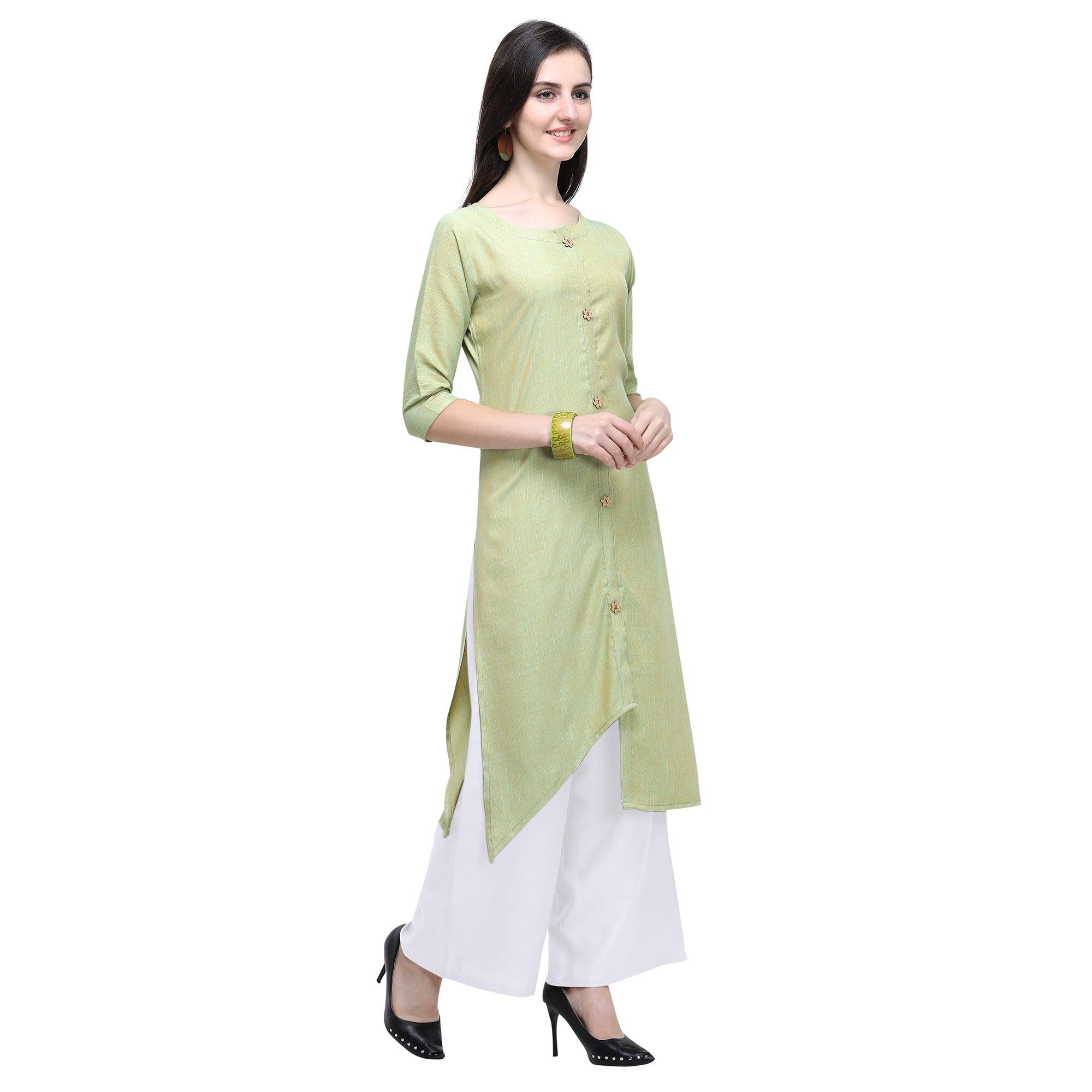 Radiant Pista Green Colored Casual Wear Embroidered Rayon Kurti-Palazzo Set - Peachmode